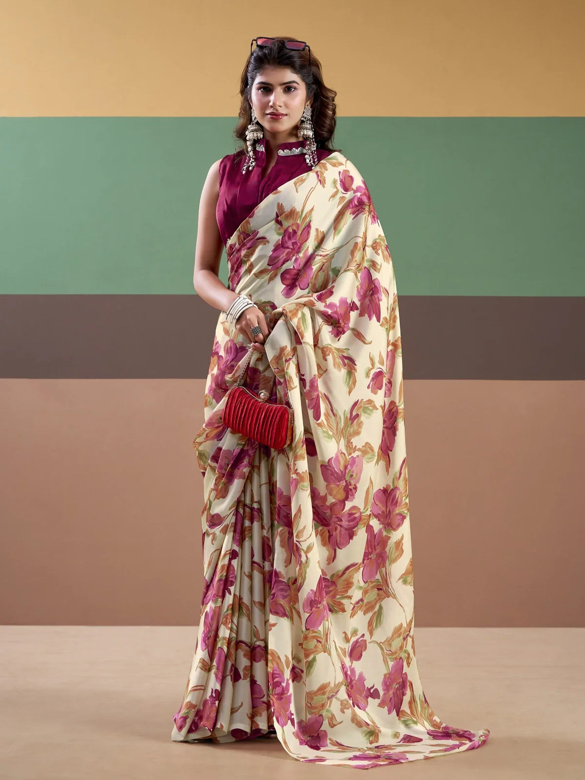 Tarani cream satin silk saree full view with floral print and contrast blouse