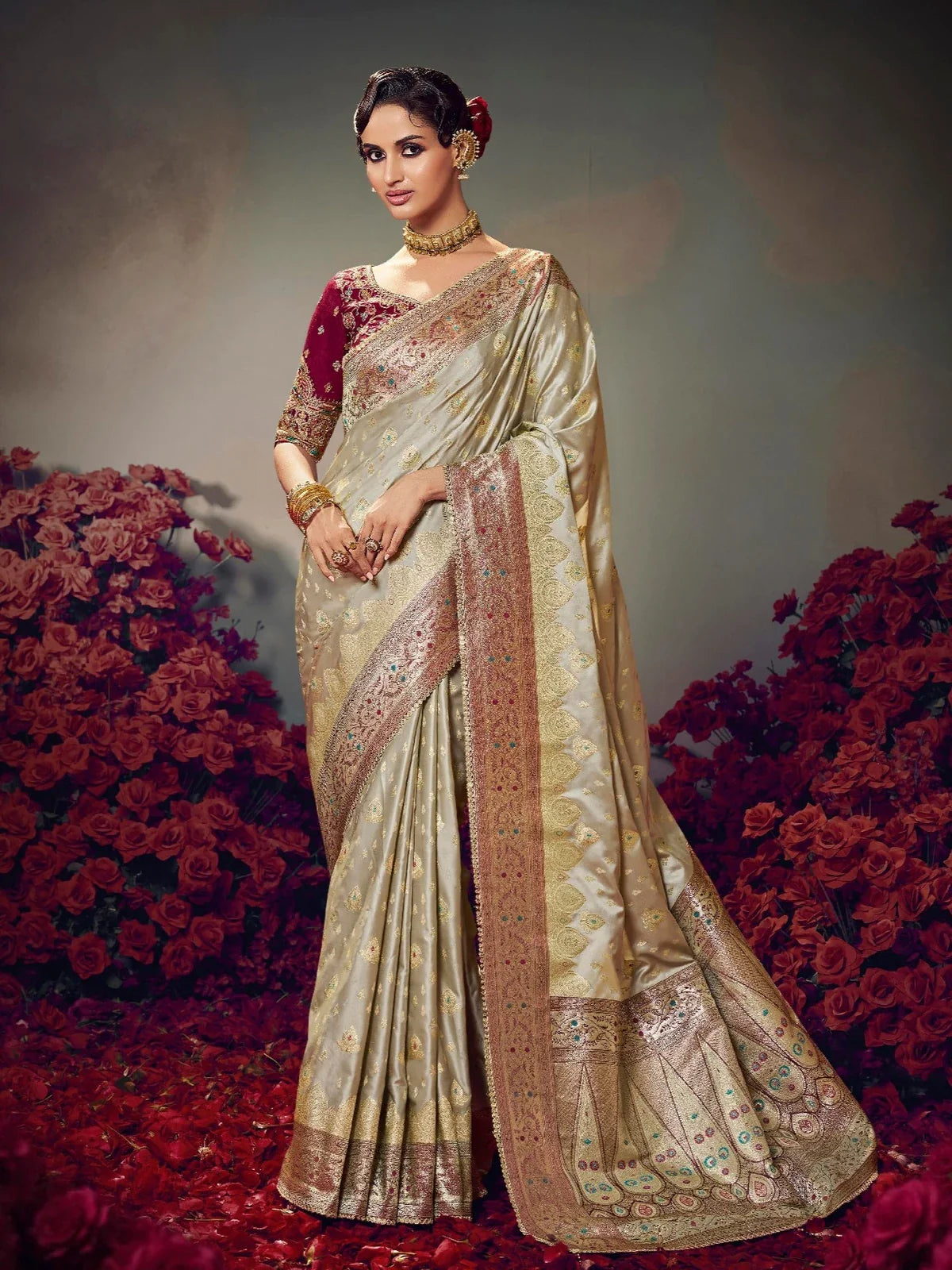 Tarani premium golden satin silk saree full view with maroon embroidered blouse
