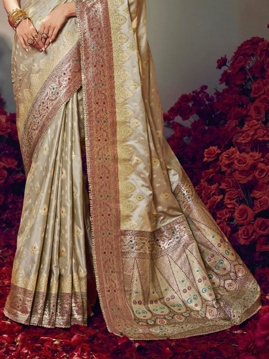 Tarani satin silk golden saree pallu and border close-up view