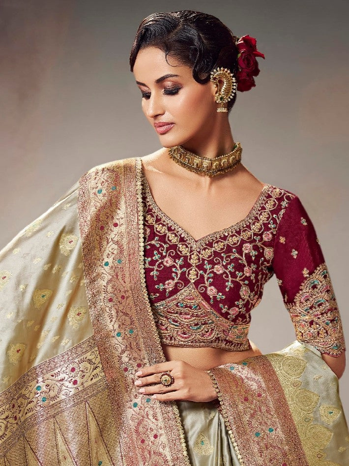 Tarani satin silk golden saree upper body view with designer blouse