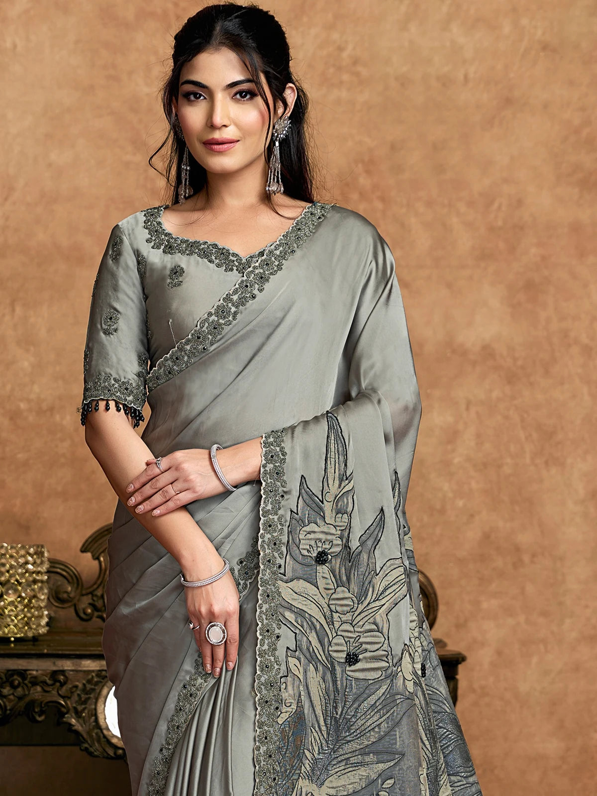 Tarani grey satin silk saree upper body view with embroidered blouse and pearl detailing