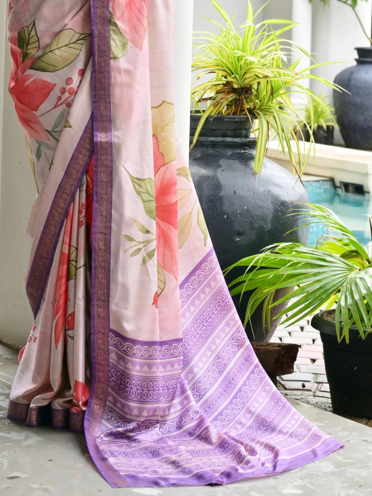 Tarani satin saree pallu closeup with lilac floral print - pallu view