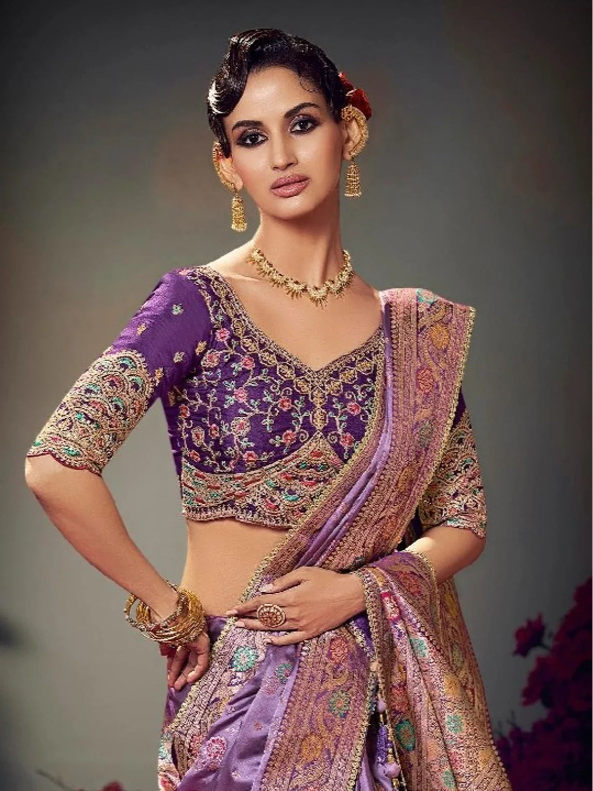 Tarani premium lavender satin silk saree showing embroidered blouse and zari pallu