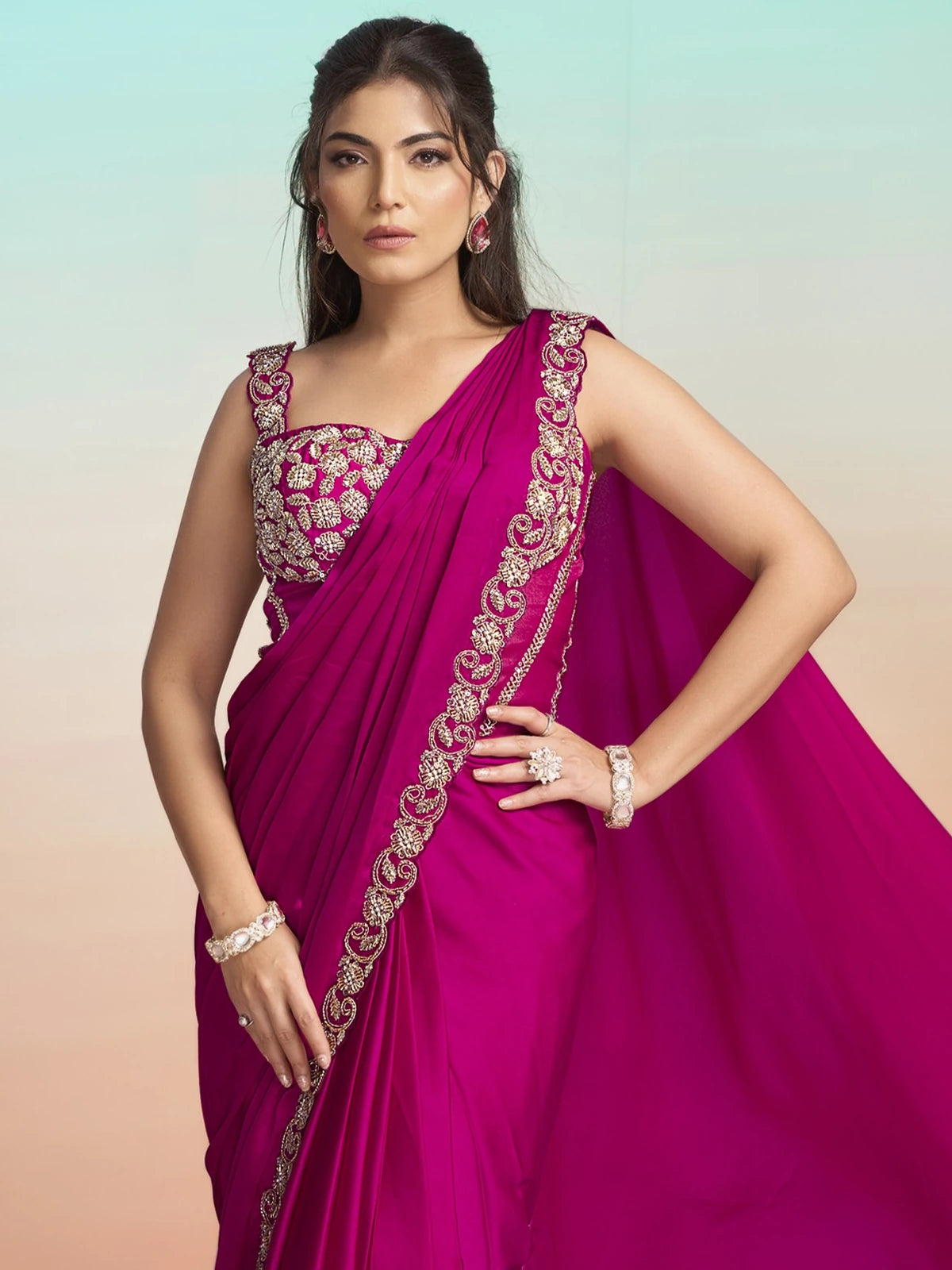 Tarani Shrishti magenta satin silk ready to wear saree front view with embroidered corset blouse