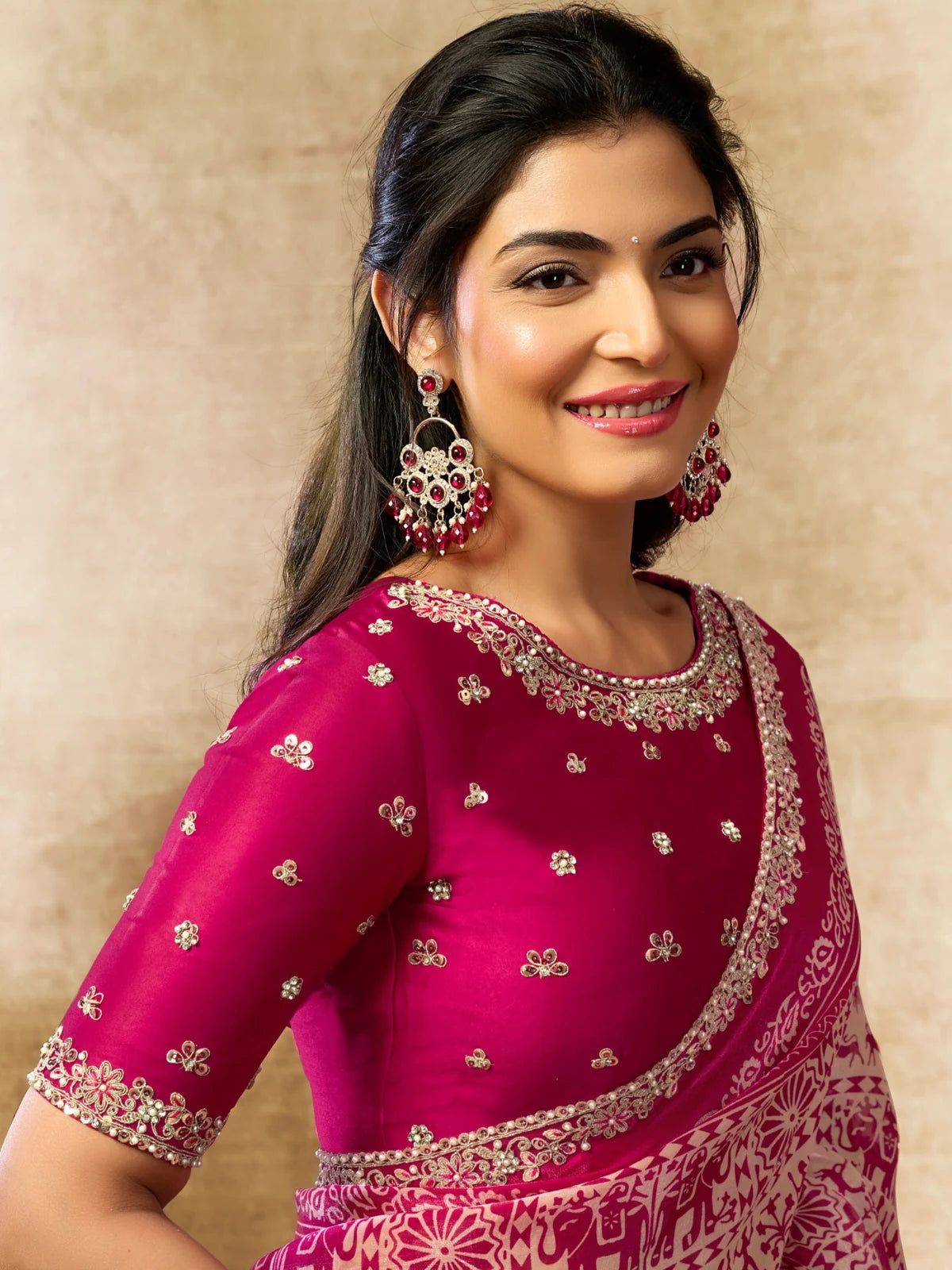 Tarani Aarshiya satin silk blouse and saree upper body view with sequins embroidery detailing