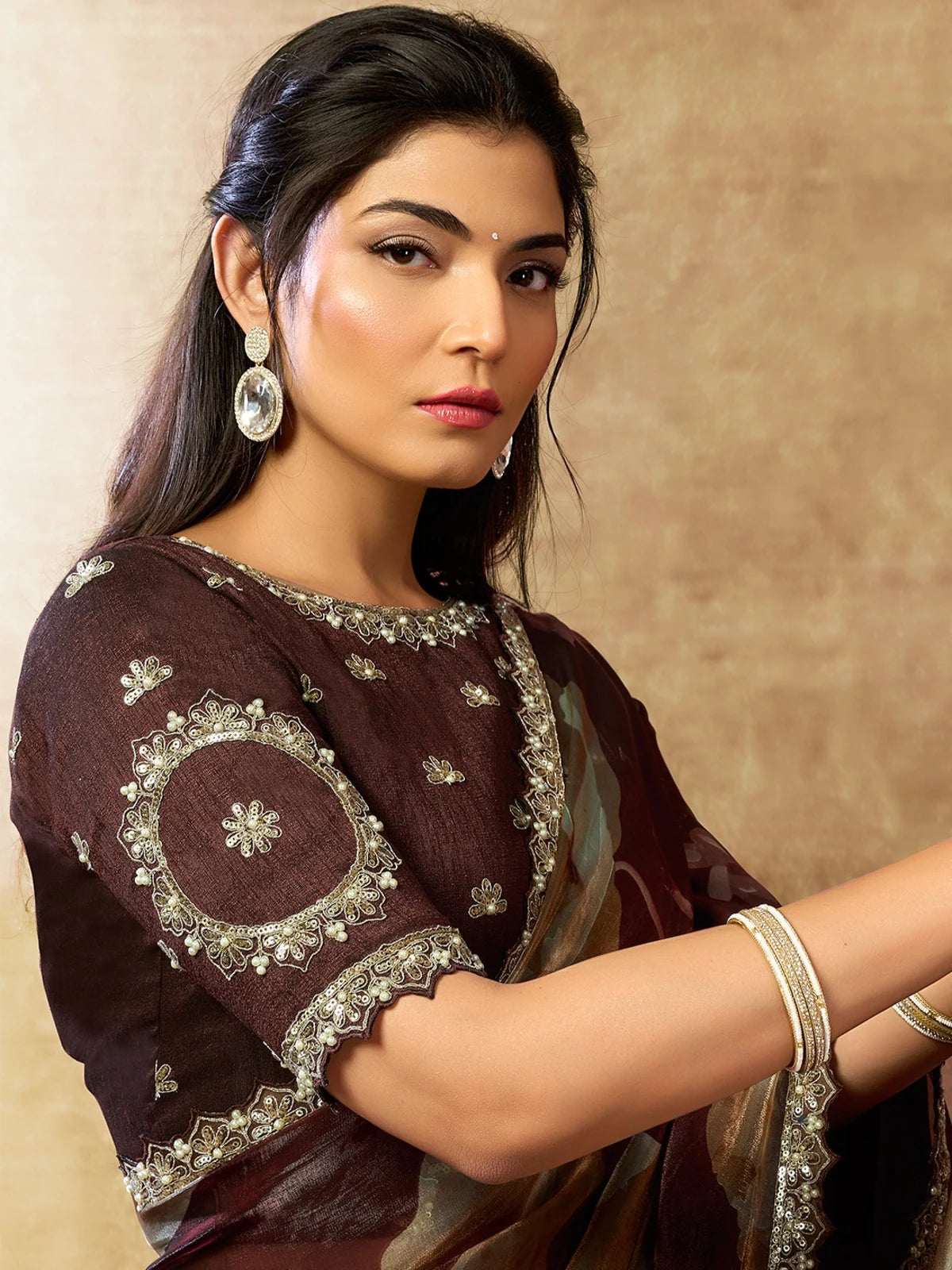 Tarani raw slub silk blouse detailing with embroidery pearl work and satin silk saree