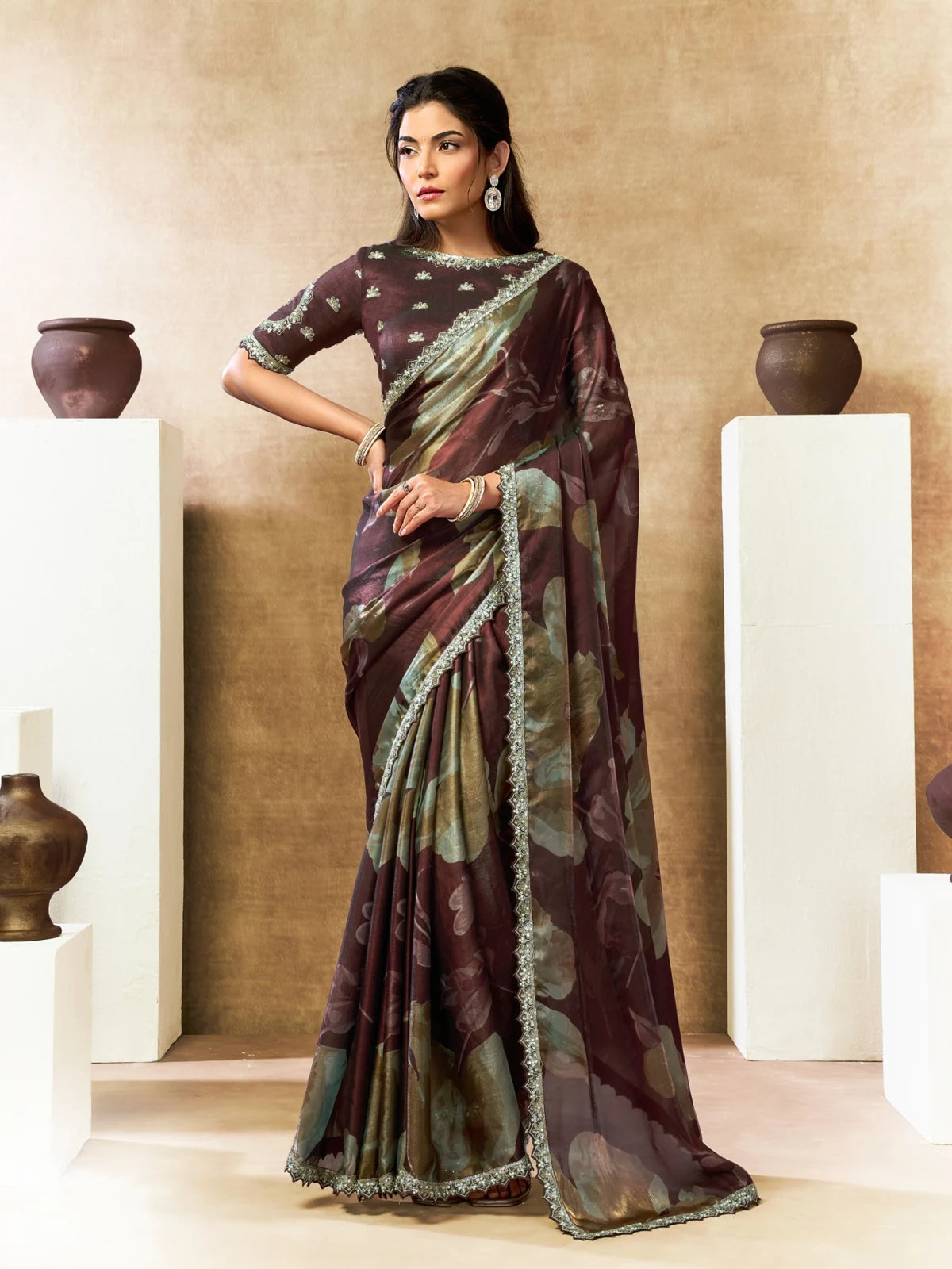 Tarani maroon two tone satin silk saree with floral digital print and handwork full view Manjusha
