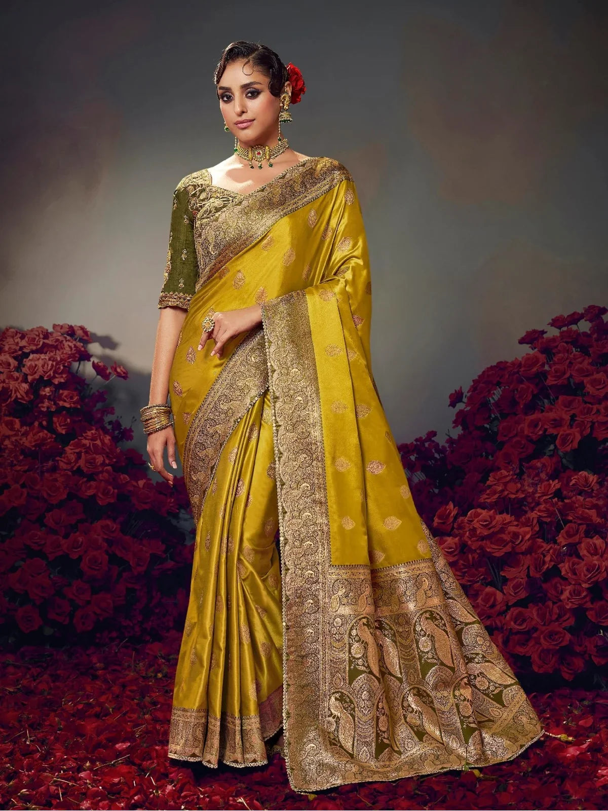 Tarani mustard yellow satin silk saree full view with embroidered blouse, perfect for party wear