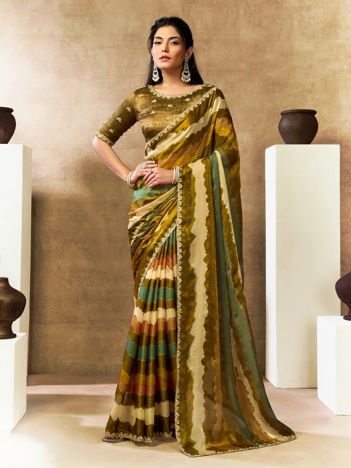 Tarani Meghali olive green satin silk saree with Leheriya print and handwork full view