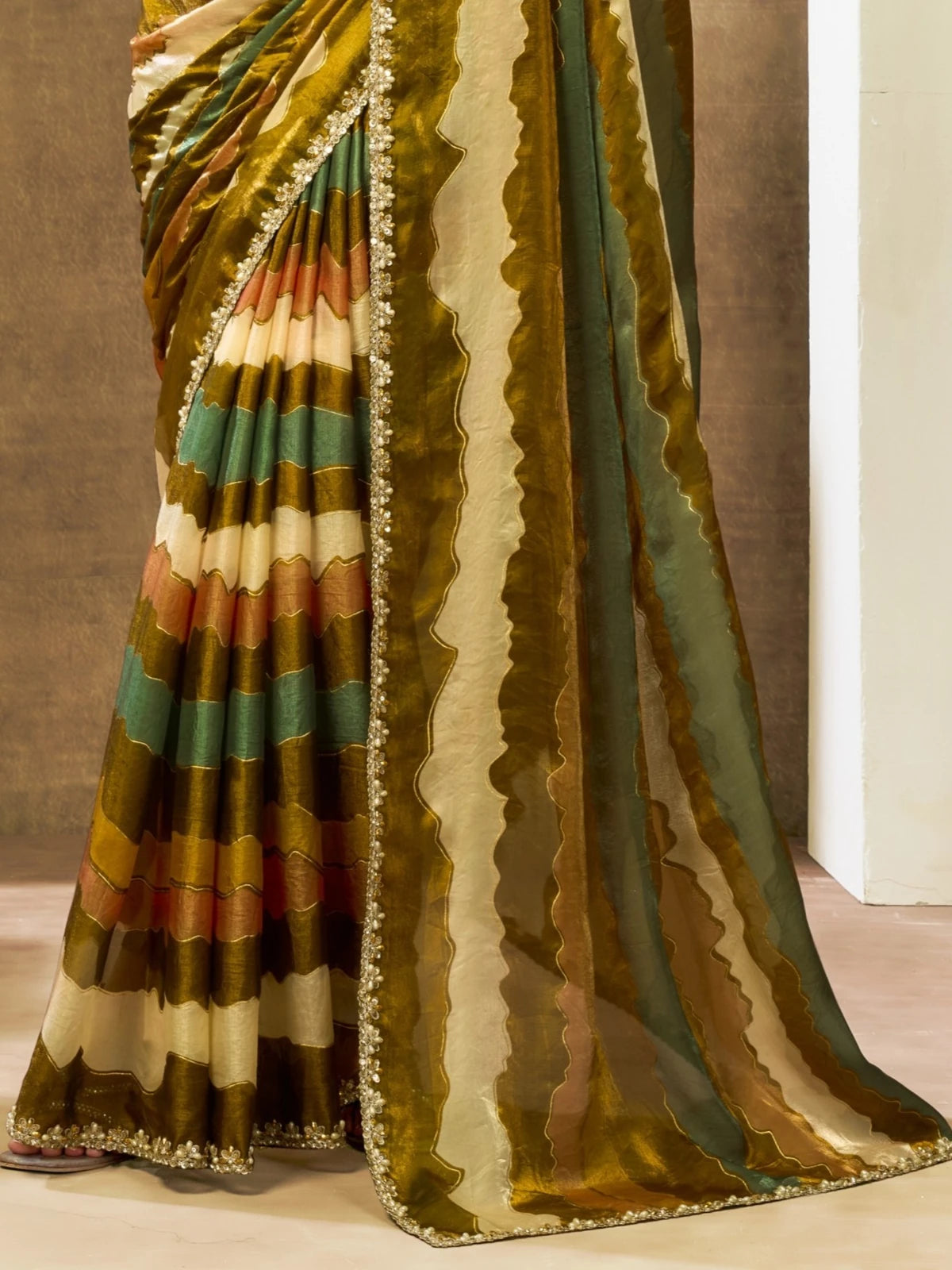 Tarani Meghali olive green satin silk saree pallu and border detail with Leheriya digital print