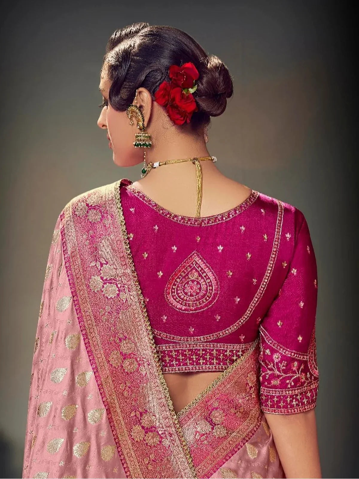 Tarani pink satin silk saree back blouse design with rich zari work