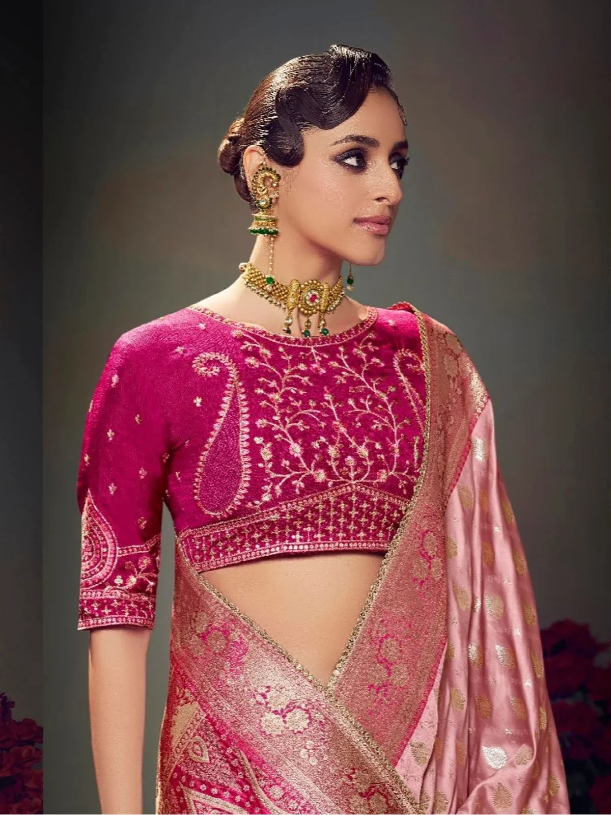 Tarani pink satin silk saree upper body view with embroidered blouse detailing