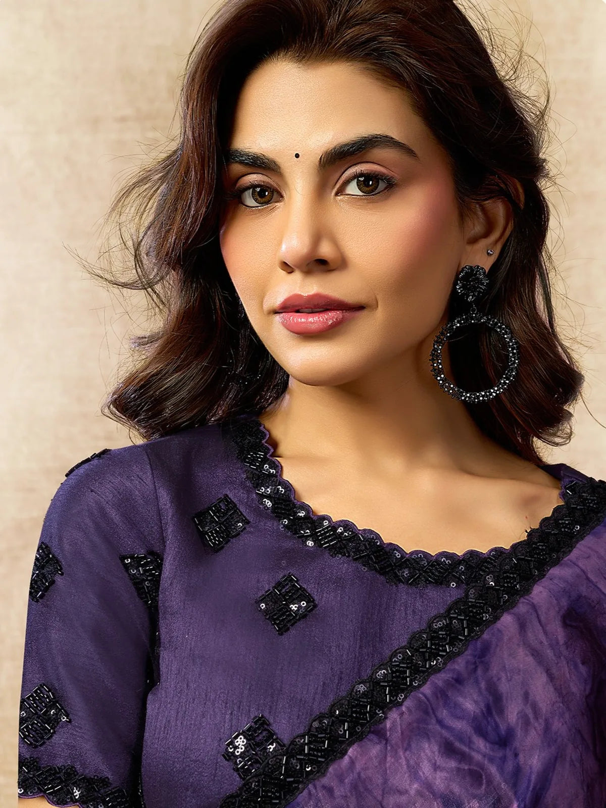 Tarani Ulka purple satin silk saree blouse closeup showing sequins and bead embellishment