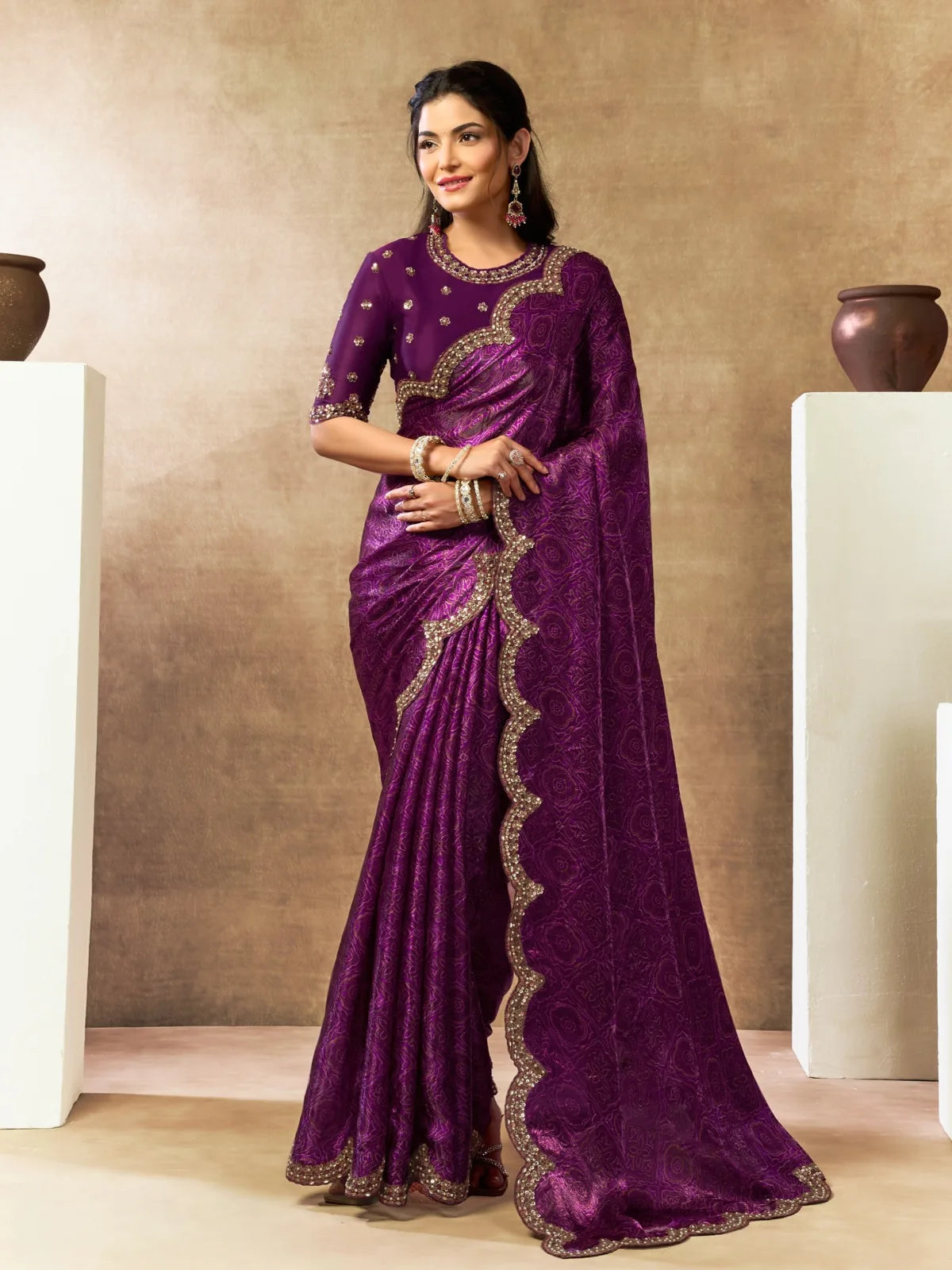Tarani purple satin silk saree with Bandhani print and sequins embroidery full view Pihu