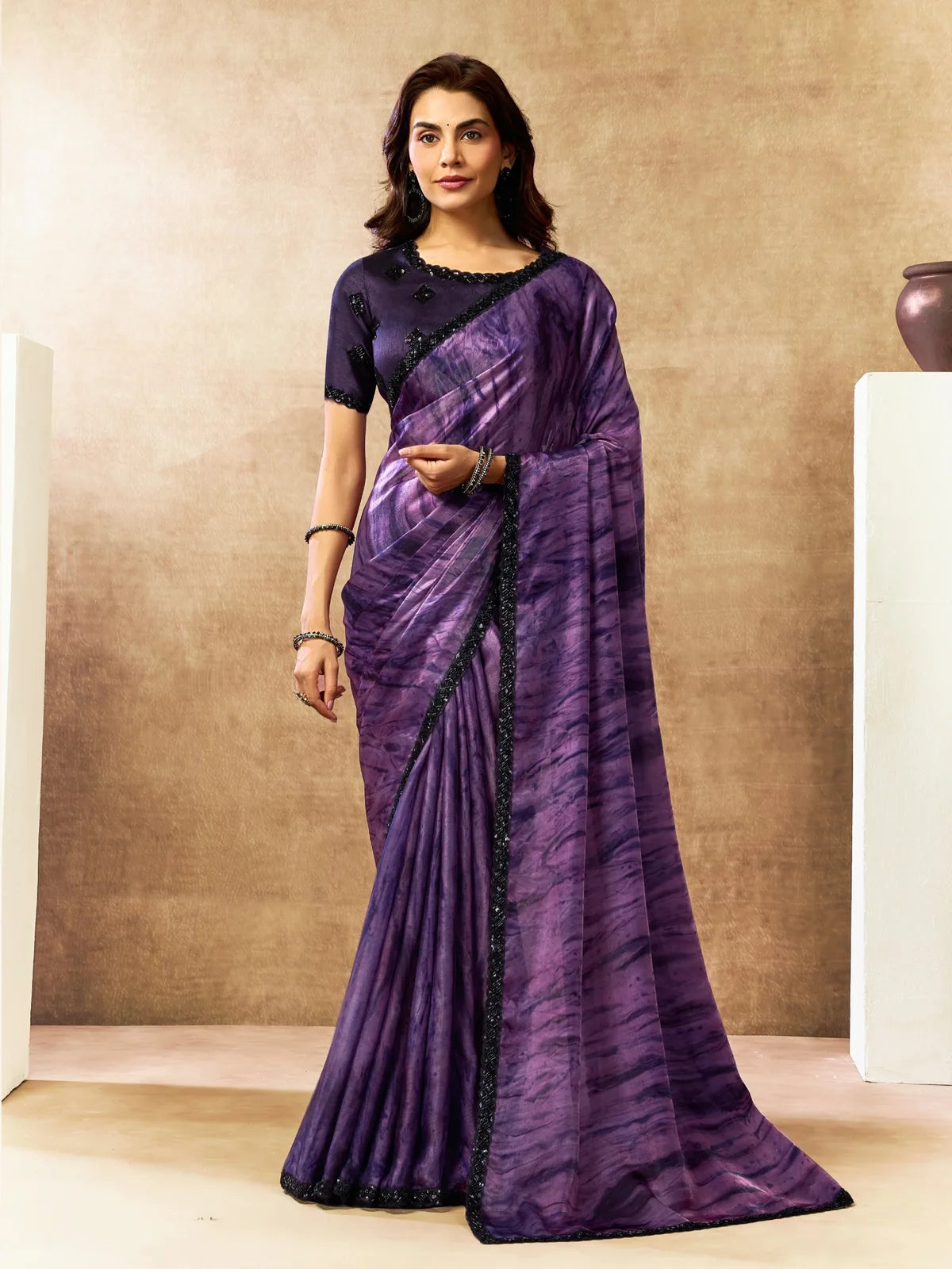 Tarani Ulka purple satin silk saree full view with abstract print and embellished blouse