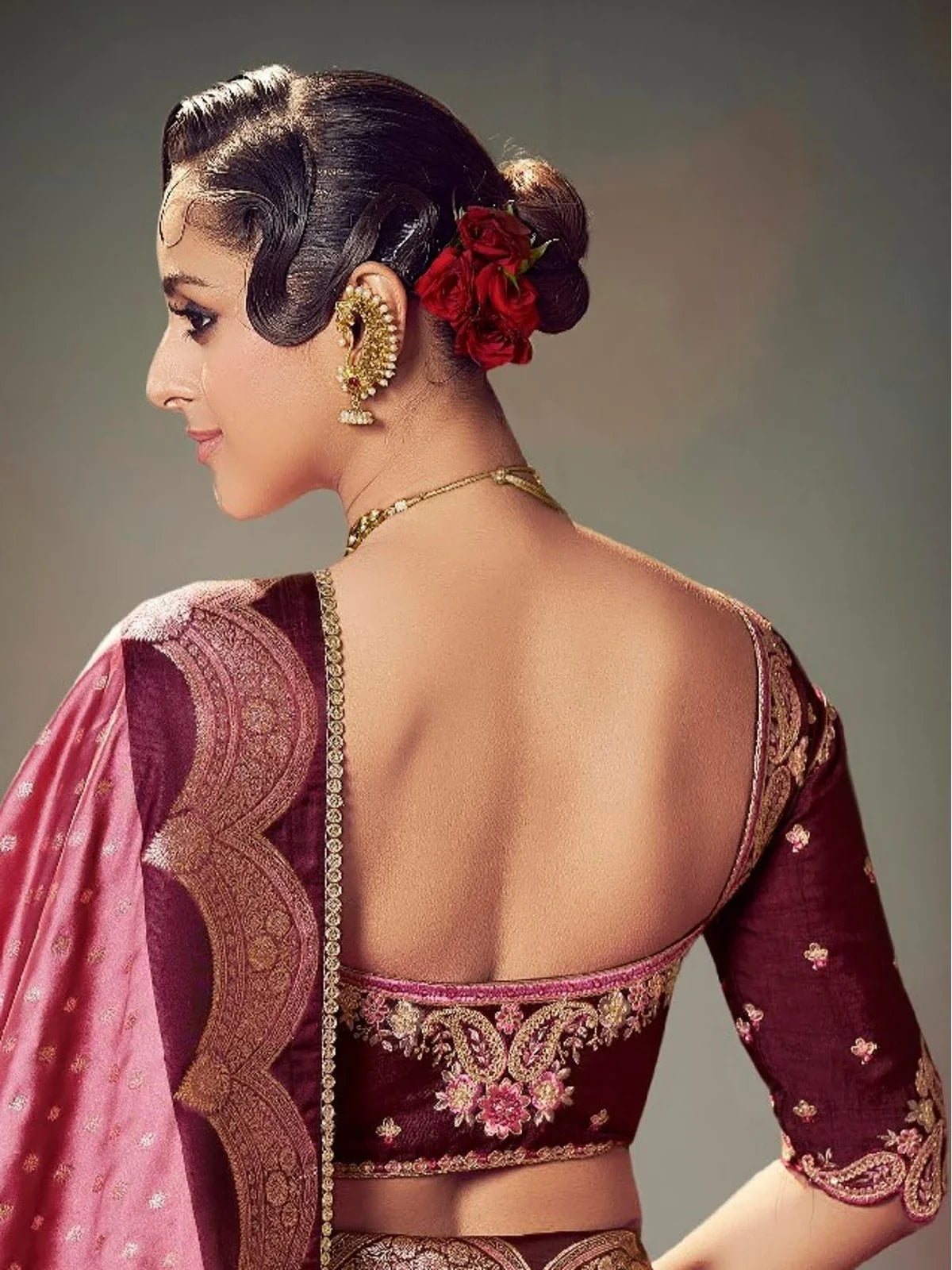 Tarani rose pink satin silk saree back blouse design with floral embroidery and elegant finish