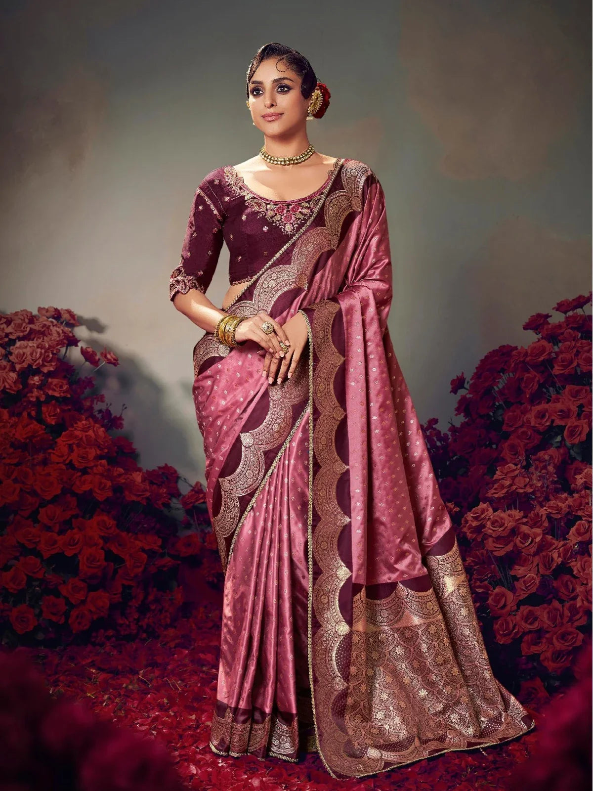 Tarani premium rose pink satin silk saree full view with embroidered blouse and zari border