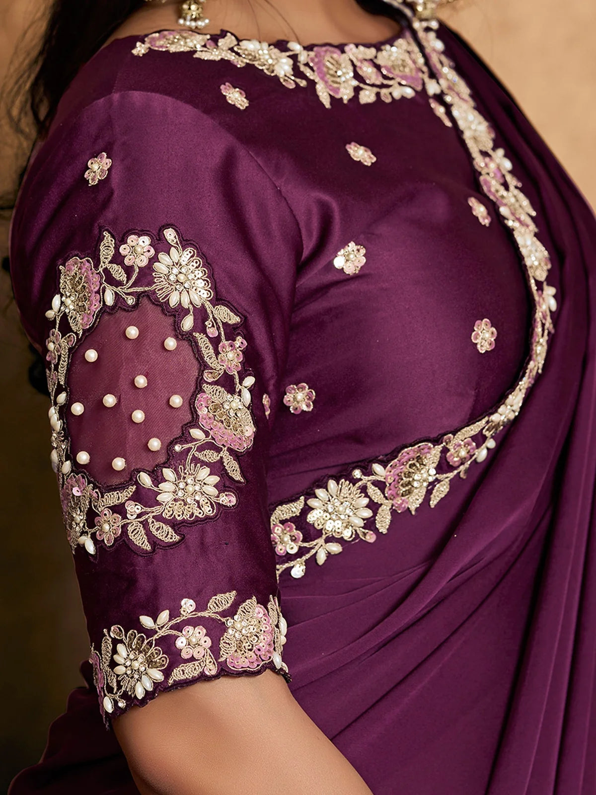 Tarani wine satin silk saree blouse view with pearl embellished sleeve embroidery