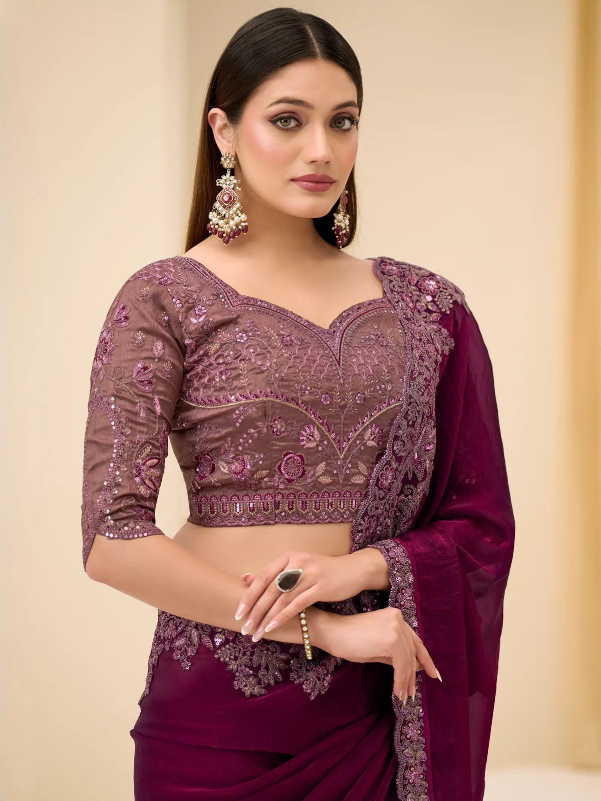 Tarani wine satin silk saree front view highlighting blouse and border work