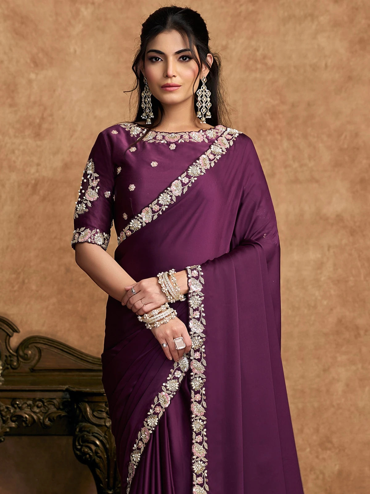 Tarani wine satin silk saree front view with floral sequin embroidery and pearls