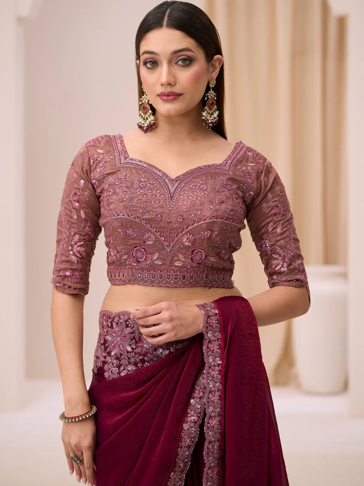 Tarani wine satin silk saree upper body view with embroidered blouse