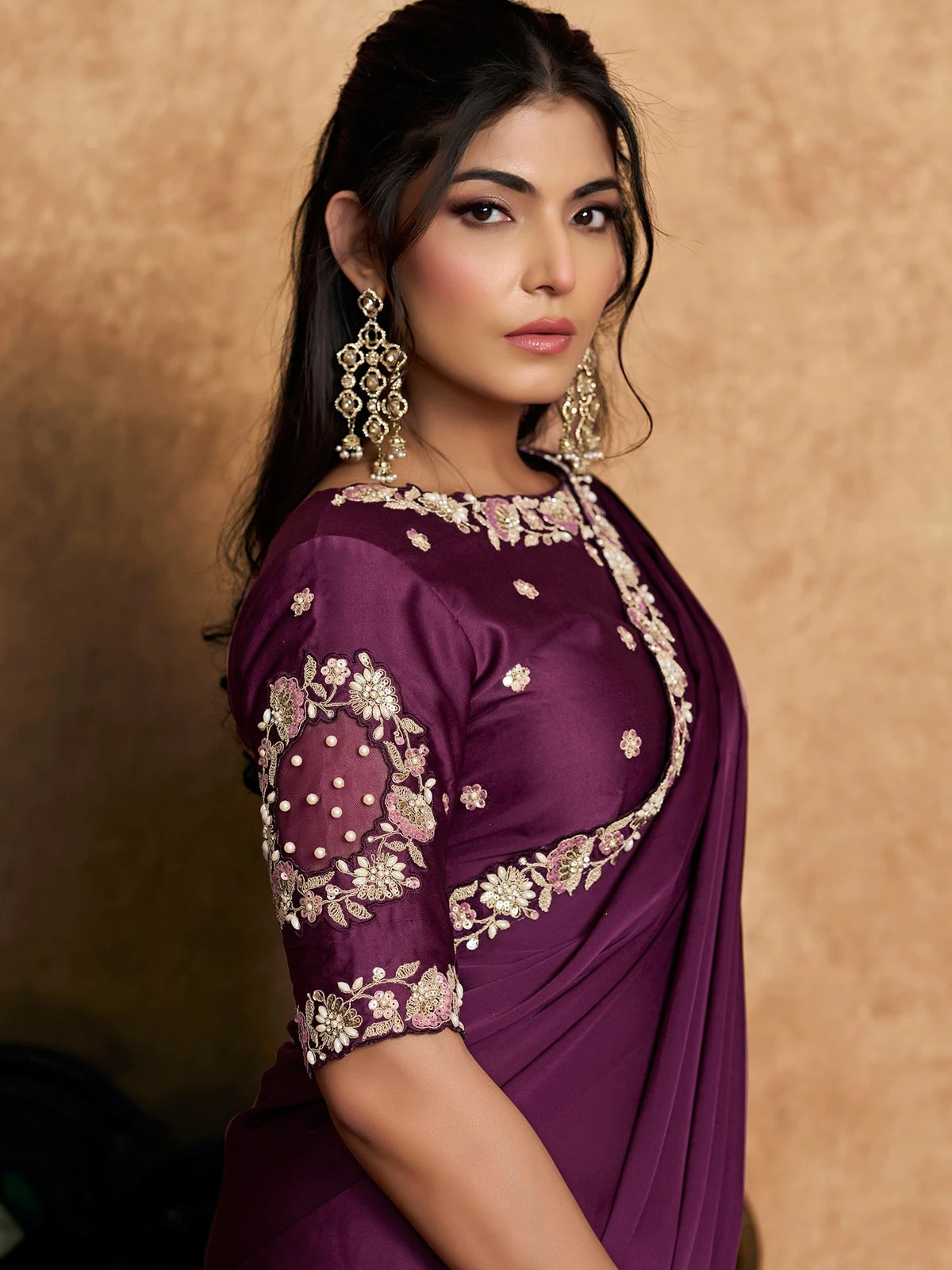 Tarani wine satin silk saree upper body view with embroidered blouse and elegant border