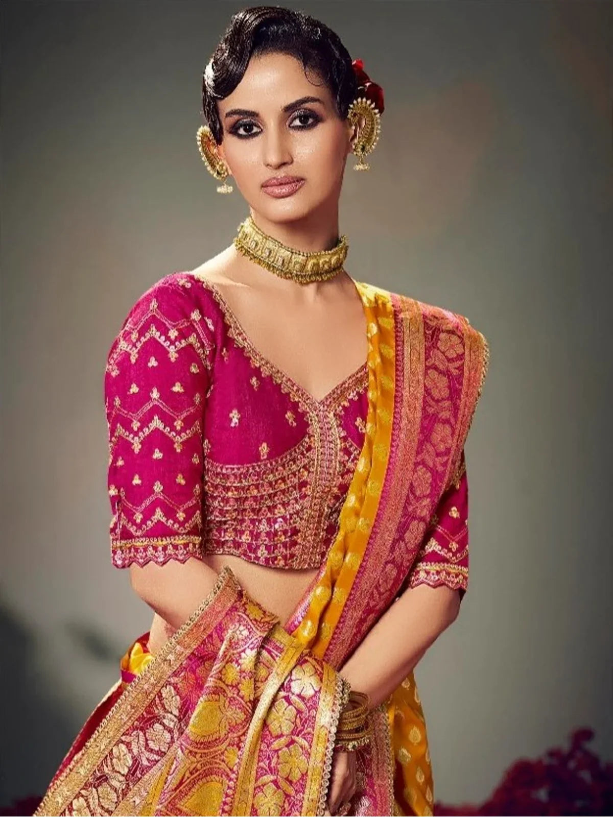 Tarani yellow satin silk saree with magenta embroidered blouse upper body look