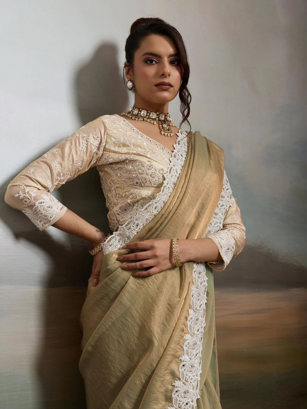 Tarani golden satin velvet saree upper body view with embroidered full sleeve blouse