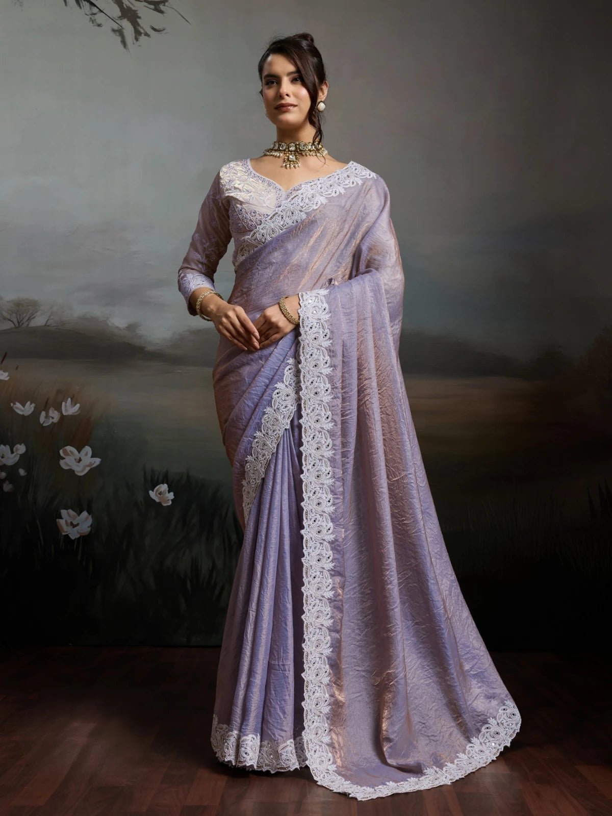 Tarani lavender satin velvet saree with ivory embroidery full view party wear look