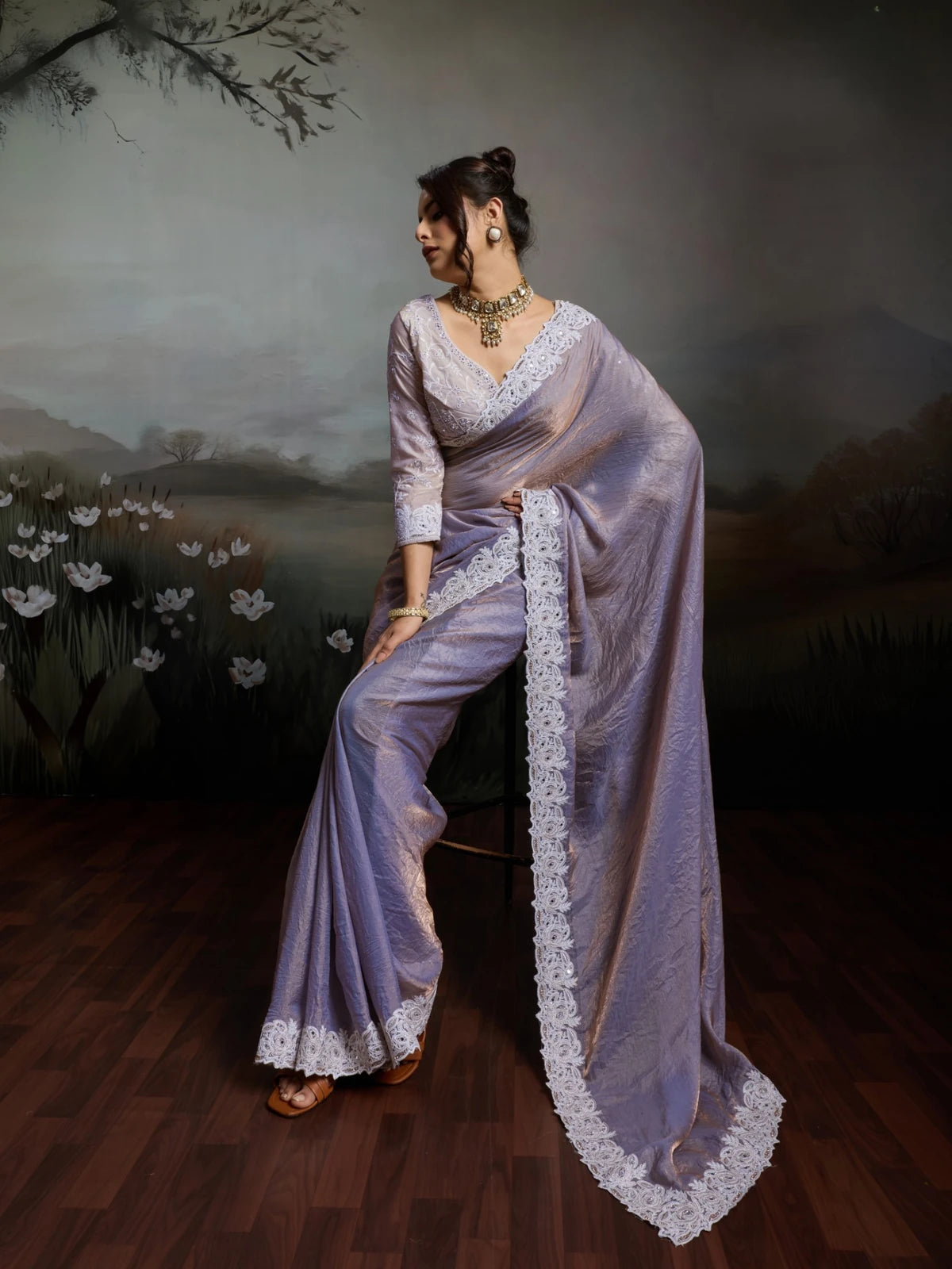 Tarani lavender satin velvet saree side view with elegant embroidered border and drape
