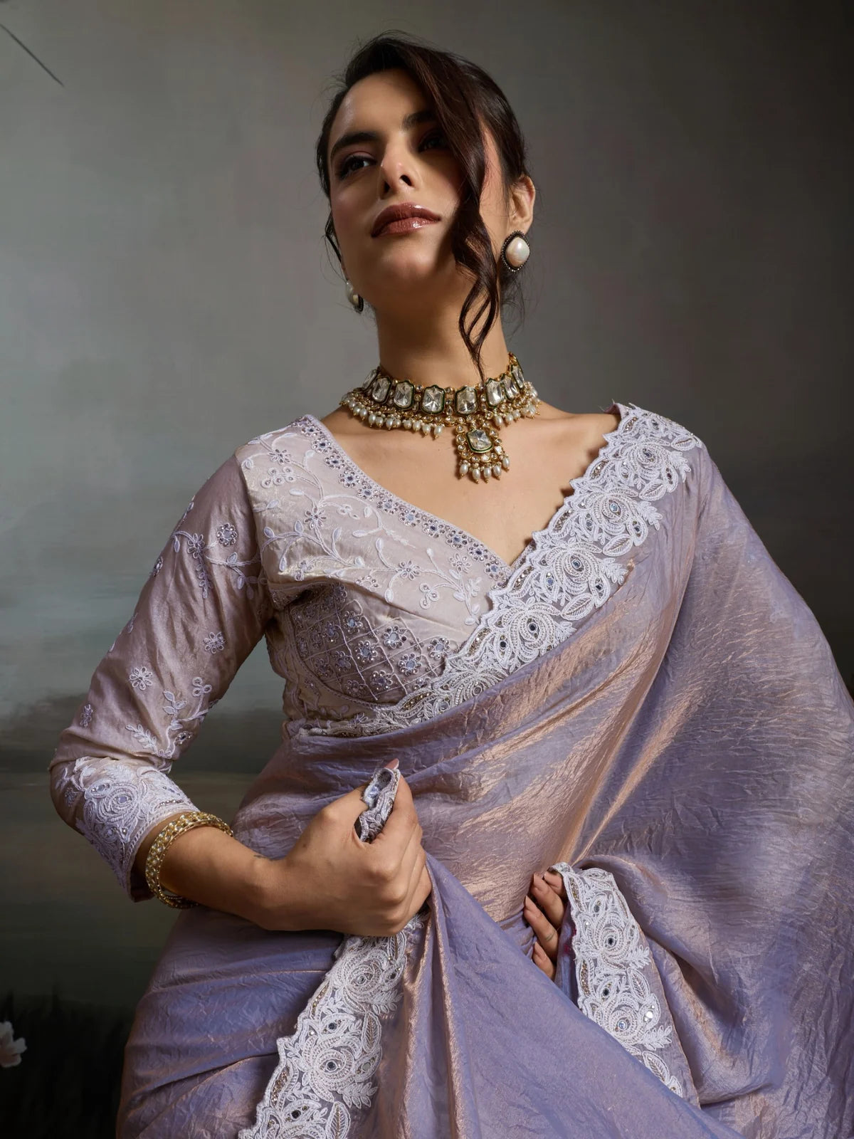 Tarani lavender satin velvet saree upper body view with embroidered blouse and handwork