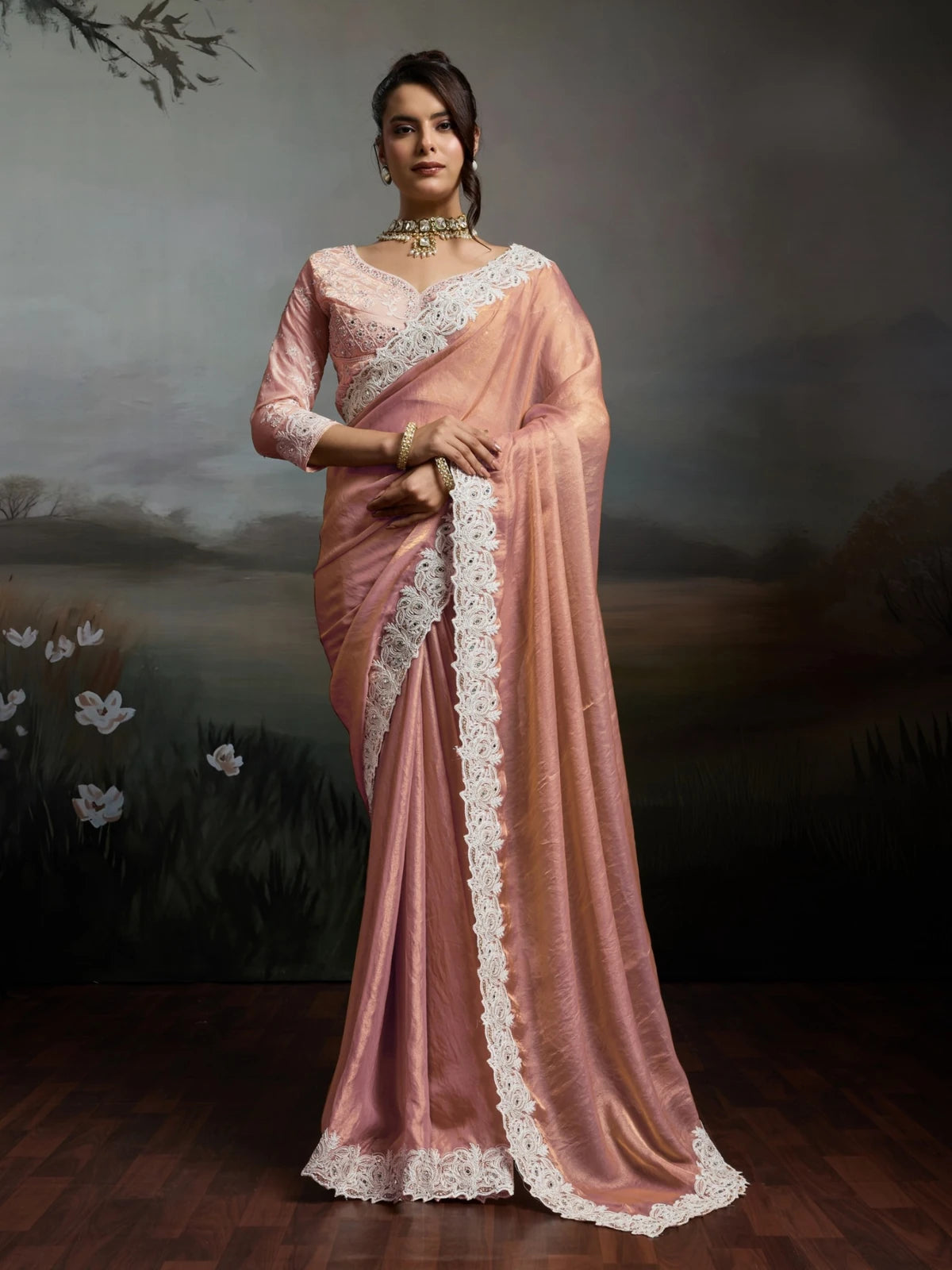 Tarani peach satin velvet saree with ivory embroidery full view for festive and party wear