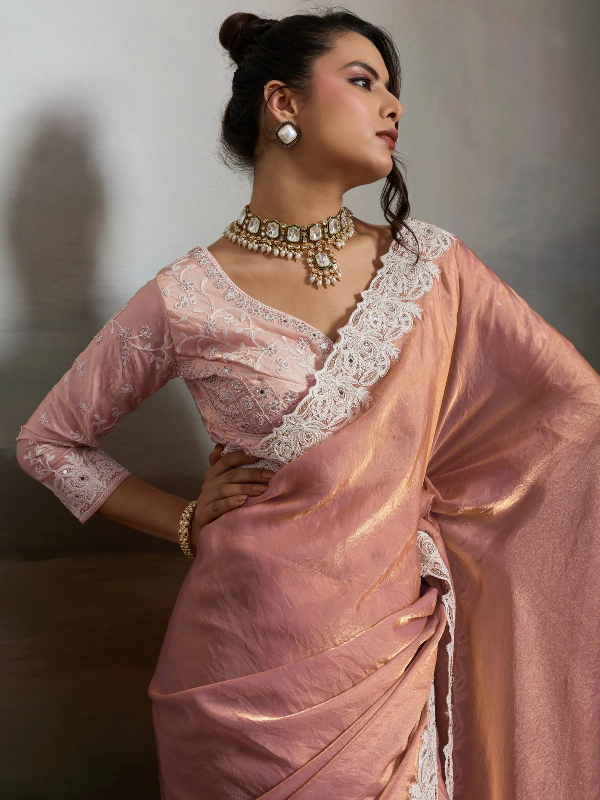 Tarani peach satin velvet saree upper body look with embroidered blouse and handwork border