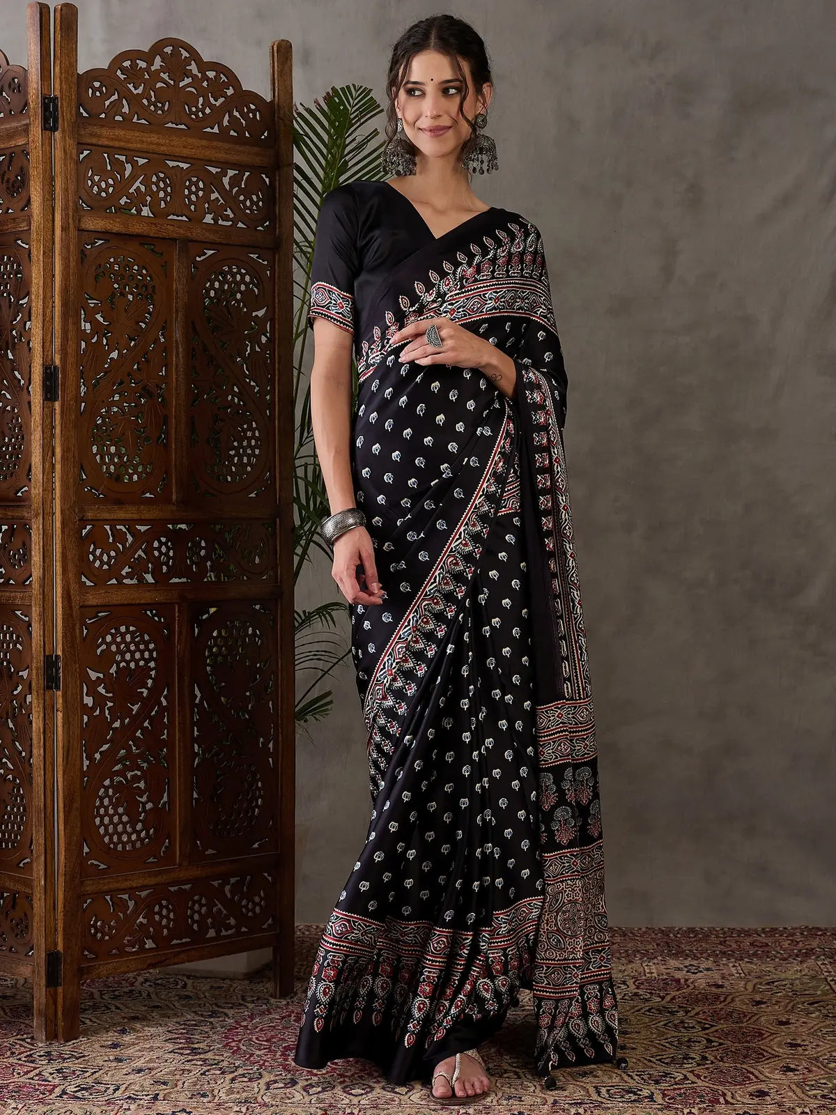 Tarani black Semi Modal Satin printed saree with blouse piece full front view Chetali