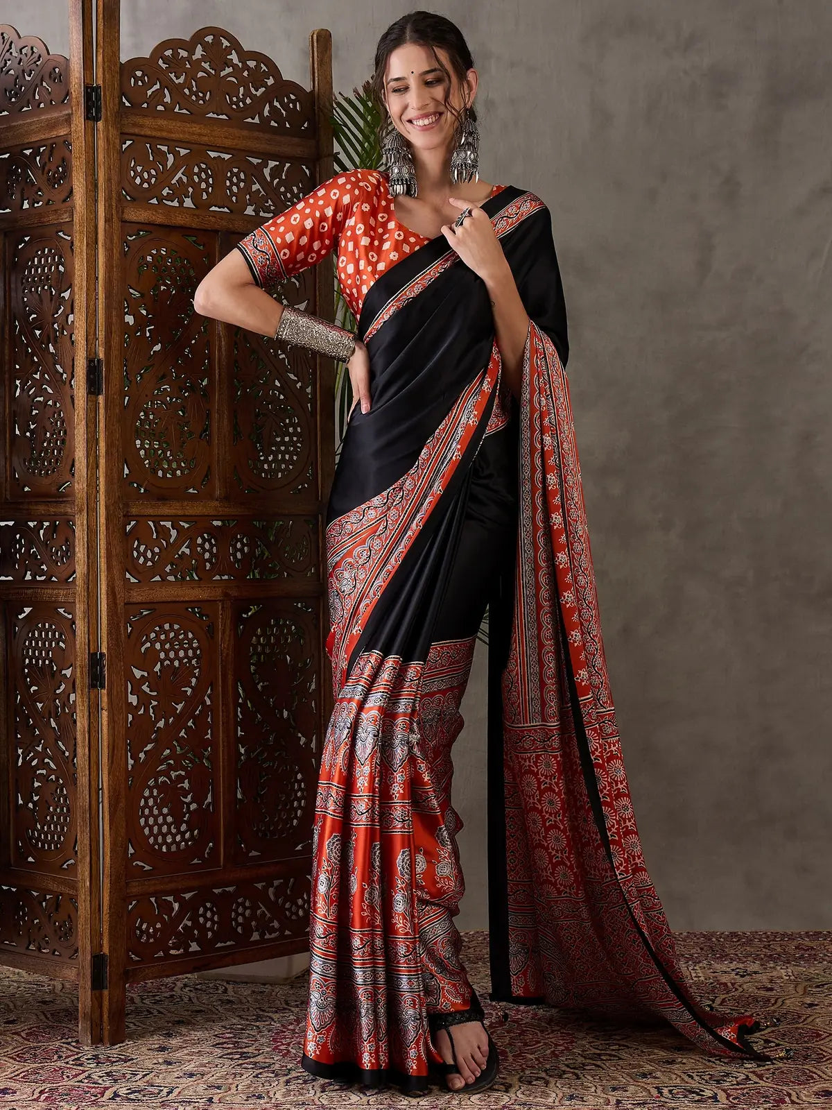 Tarani black semi modal satin printed saree full view with matching blouse piece party wear