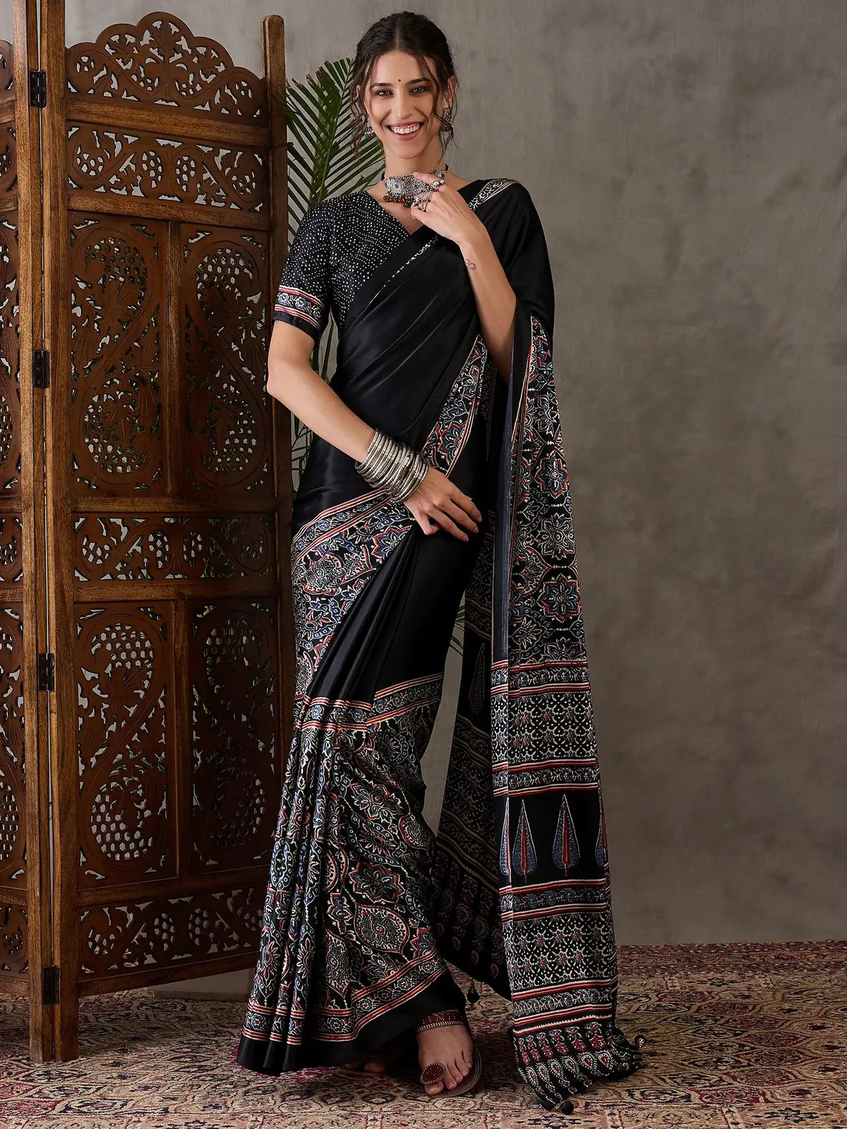 Tarani black semi modal satin printed saree full front view with designer border and blouse piece
