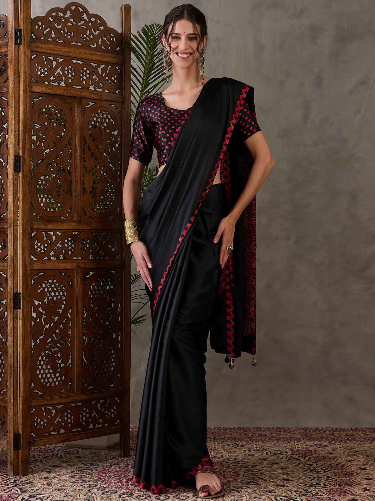 Tarani black semi modal satin printed saree full view with blouse party wear