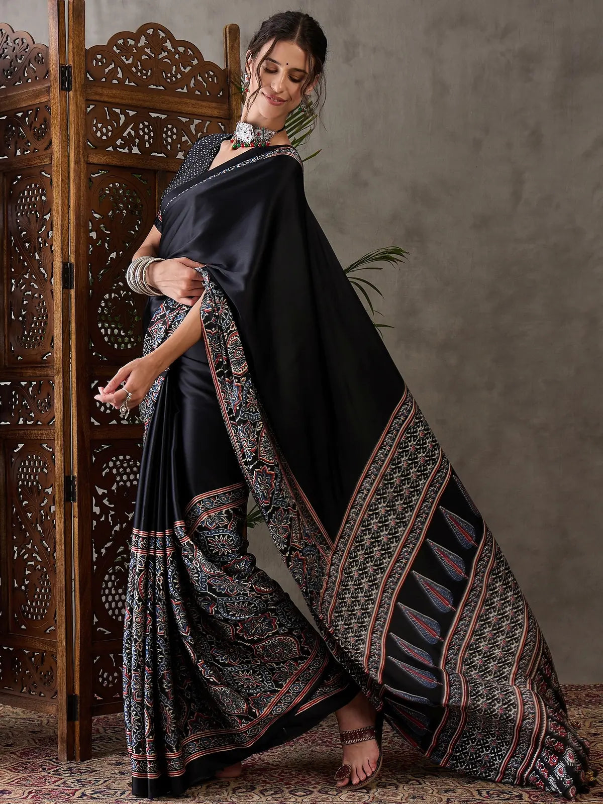 Tarani black semi modal satin saree pallu view with traditional printed motifs