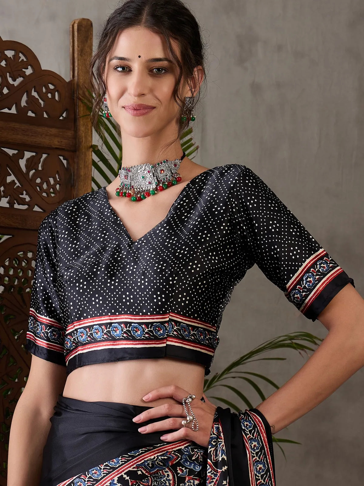 Tarani black semi modal satin saree upper body view showing printed blouse design