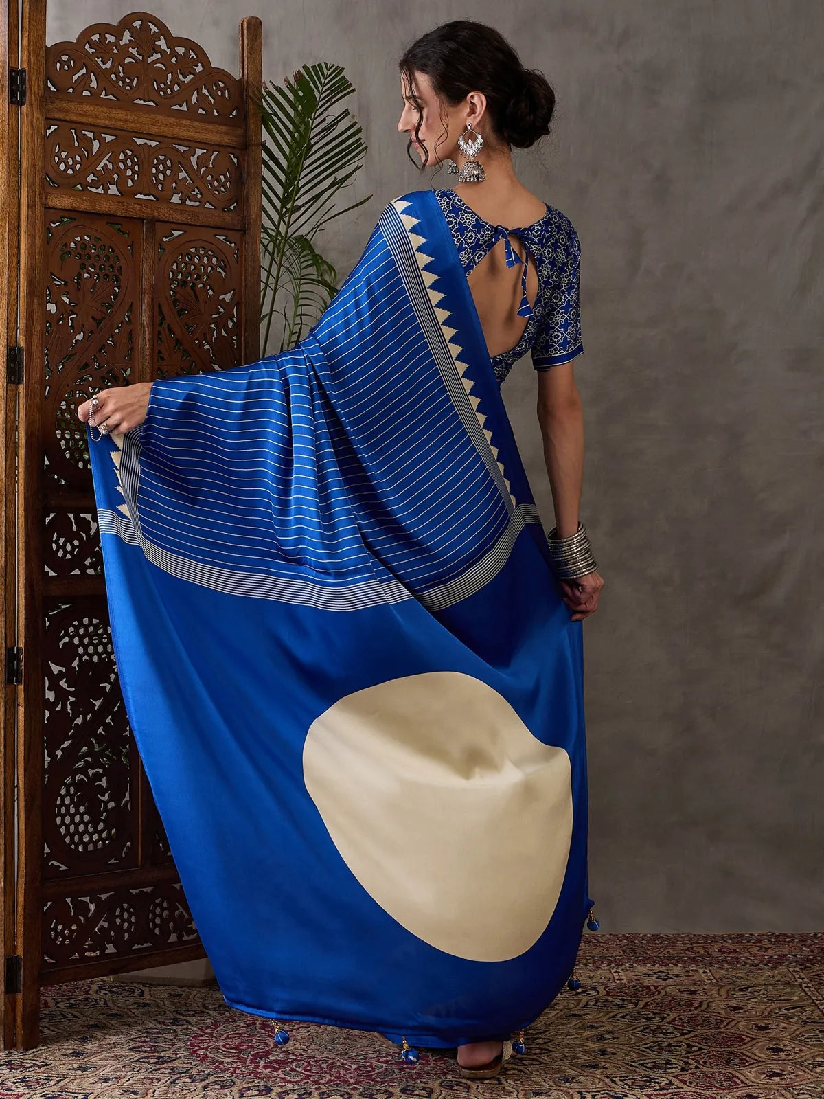Tarani royal blue saree back view with designer blouse Yukti