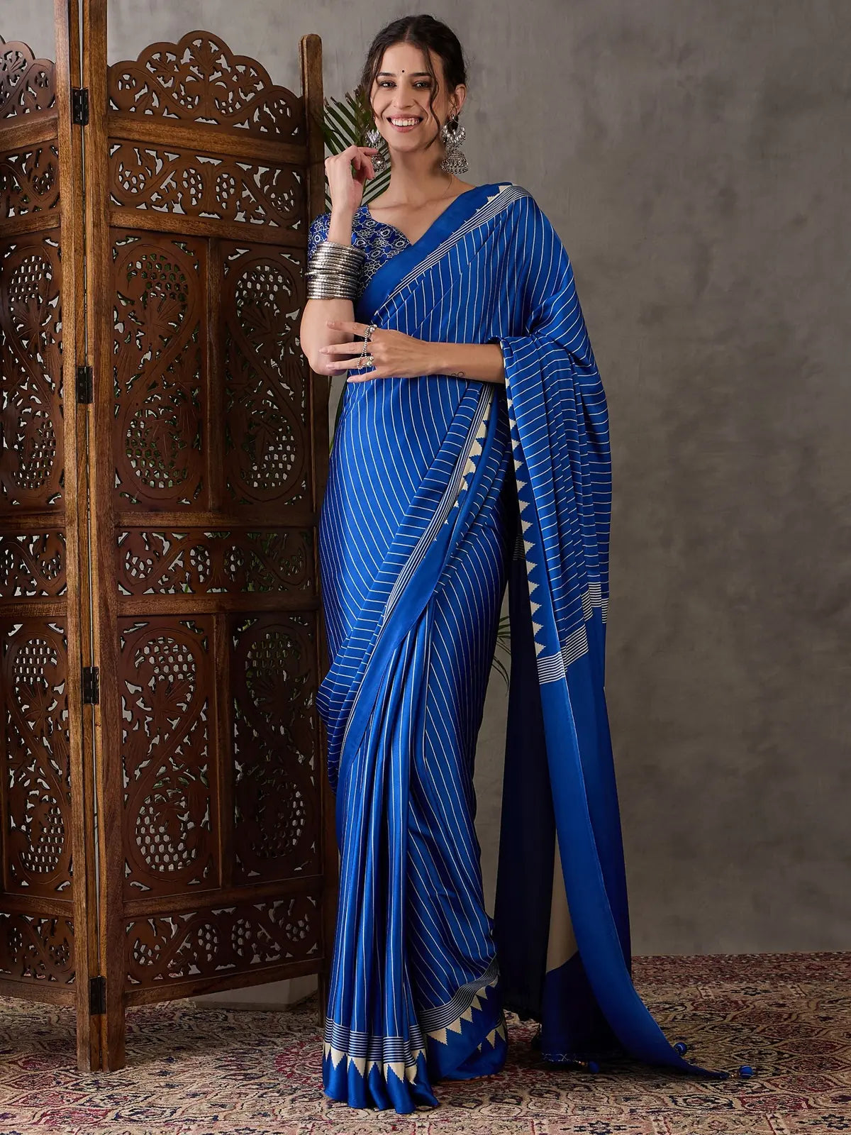 Tarani royal blue semi modal satin printed saree with blouse full front view Yukti