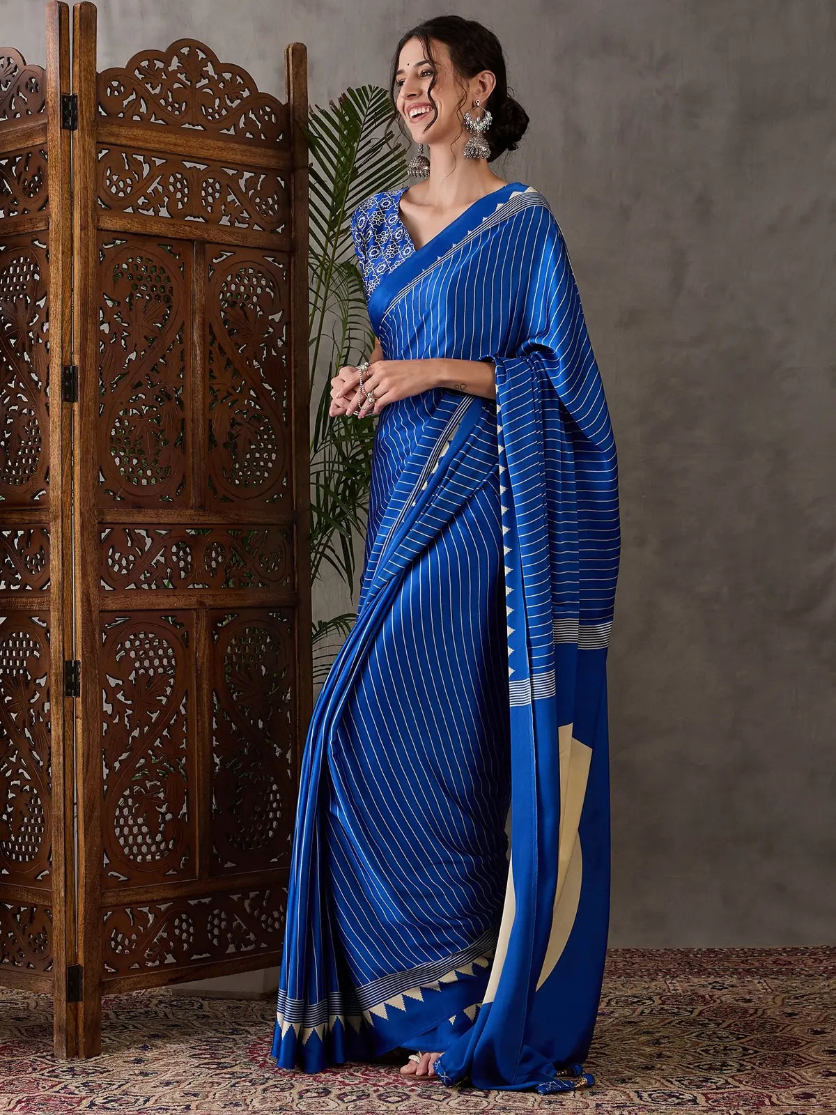 Tarani festival wear blue semi modal satin saree elegant full view Yukti