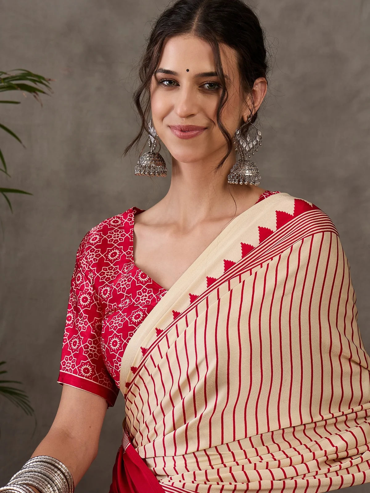Tarani Malini semi modal satin saree closeup showing blouse and border details