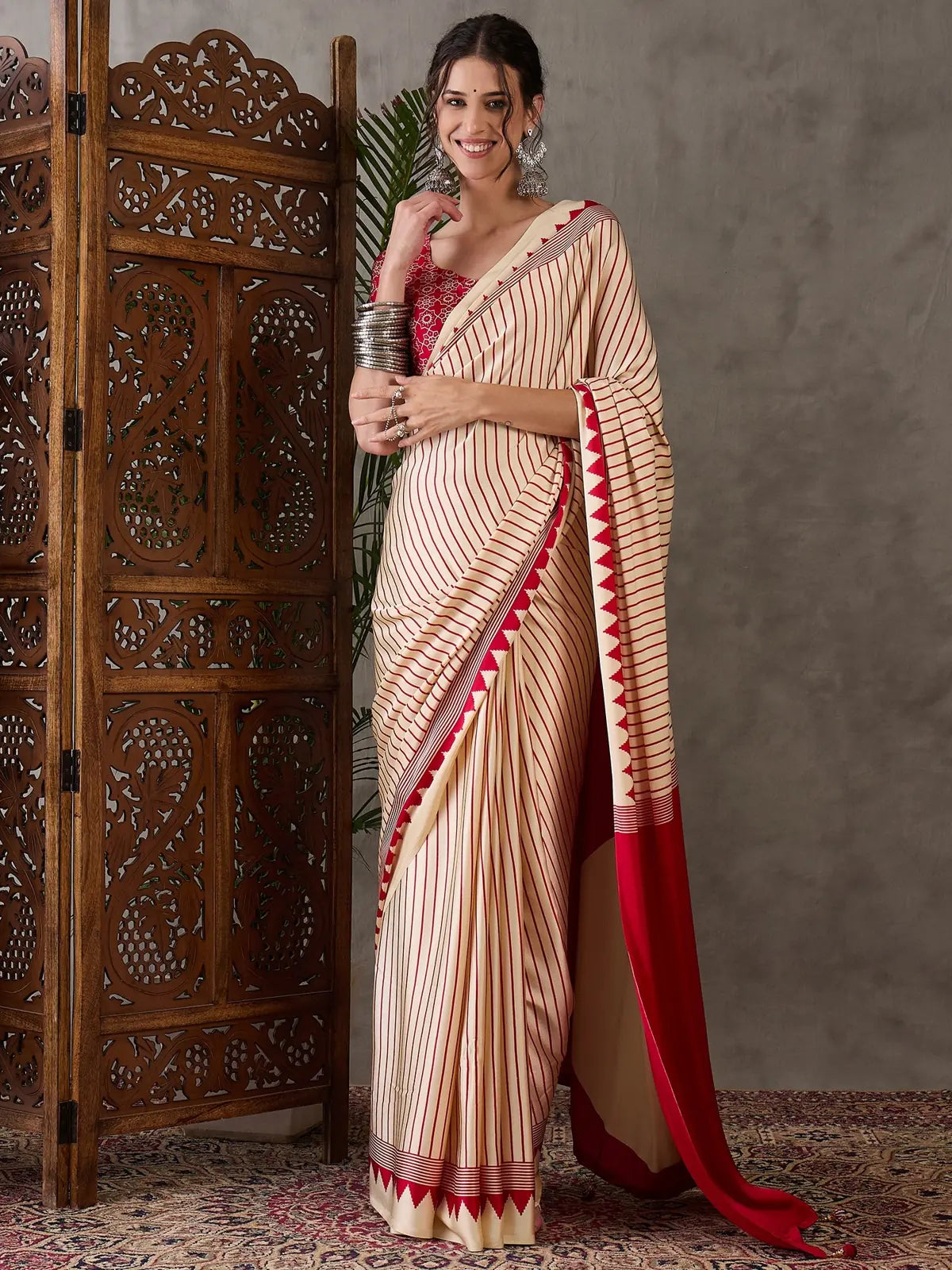 Tarani Malini cream semi modal satin printed saree with red blouse full view