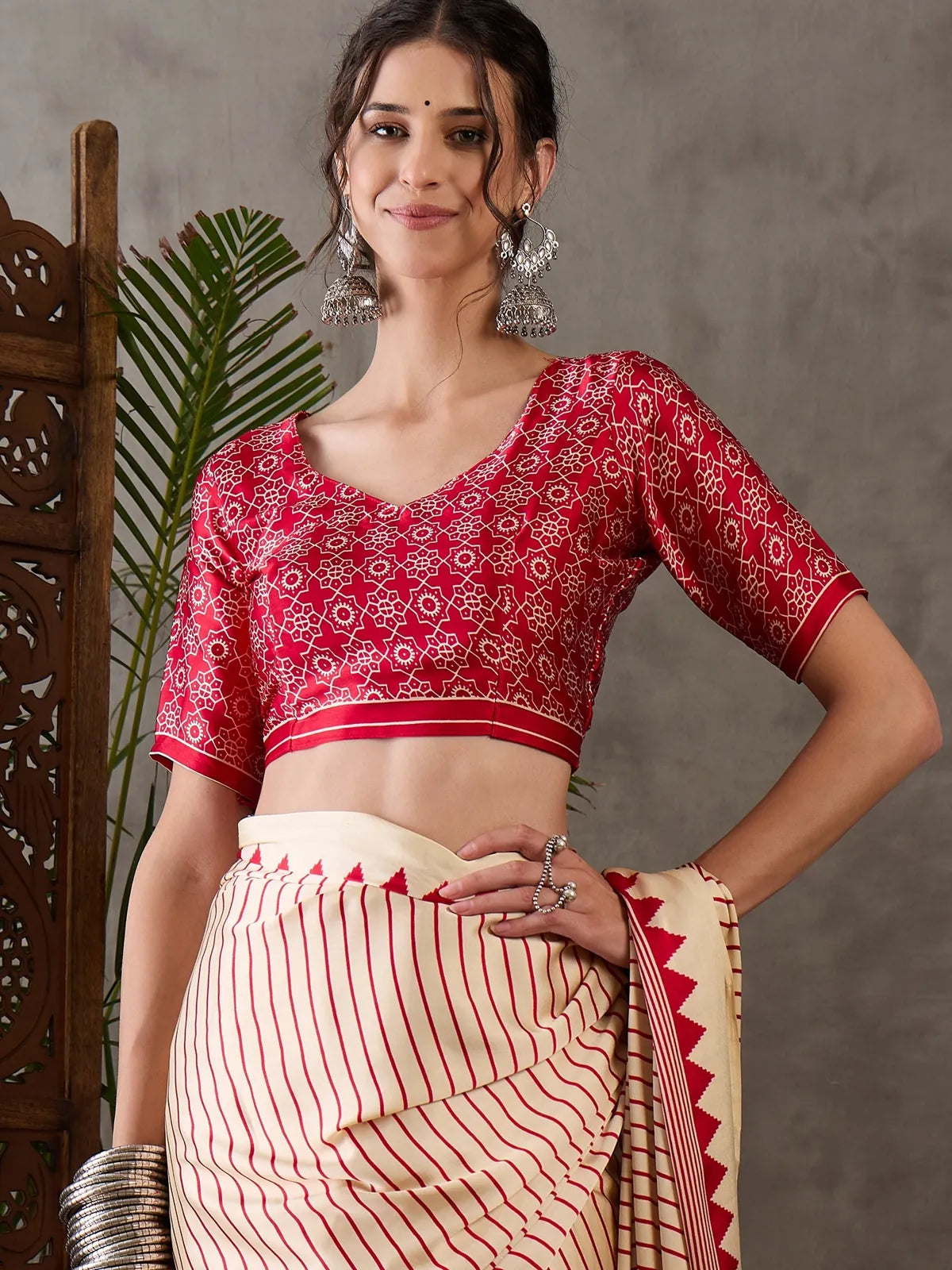 Tarani Malini semi modal satin saree upper body view with printed blouse