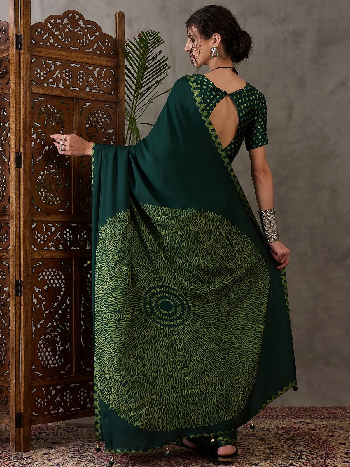 Tarani Sharayu green semi modal satin printed saree back view