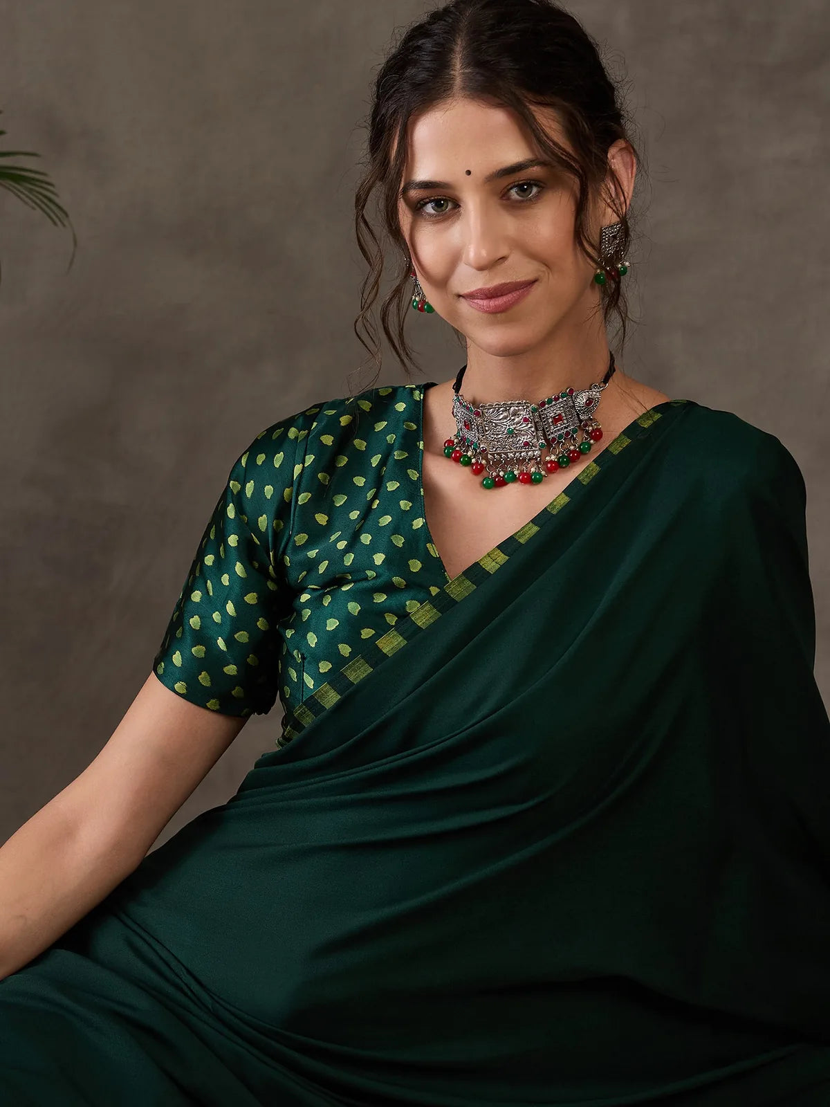 Tarani Sharayu green semi modal satin printed saree closeup view