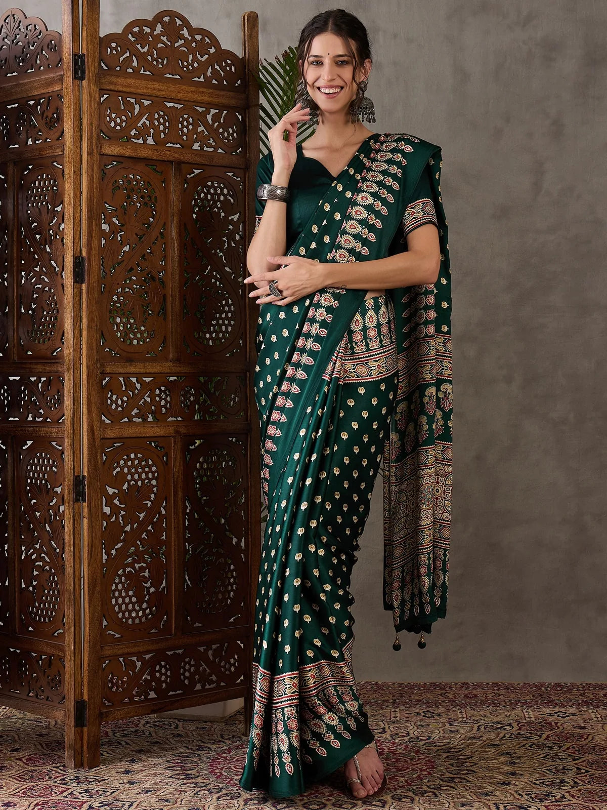 Tarani Mahika green semi modal satin printed saree full view with blouse piece for festive and party wear