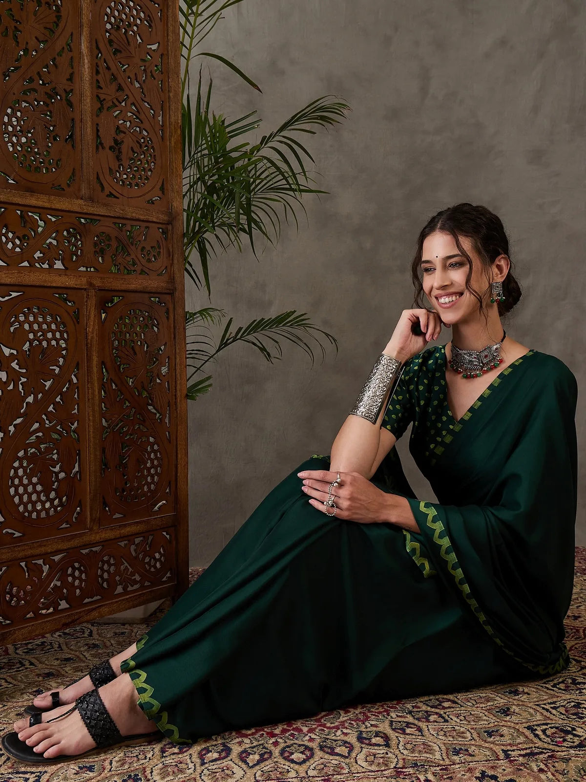 Tarani Sharayu green semi modal satin printed saree full view