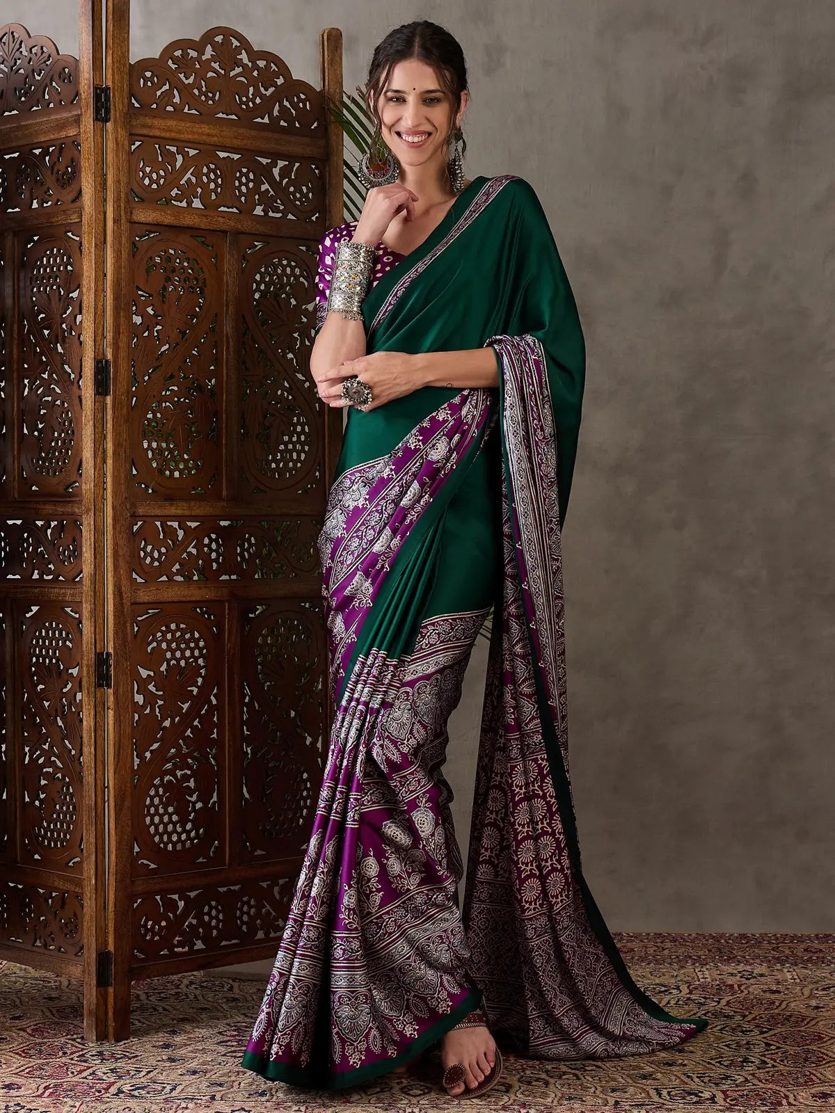 Tarani Sujata green semi modal satin printed saree with purple border full front view